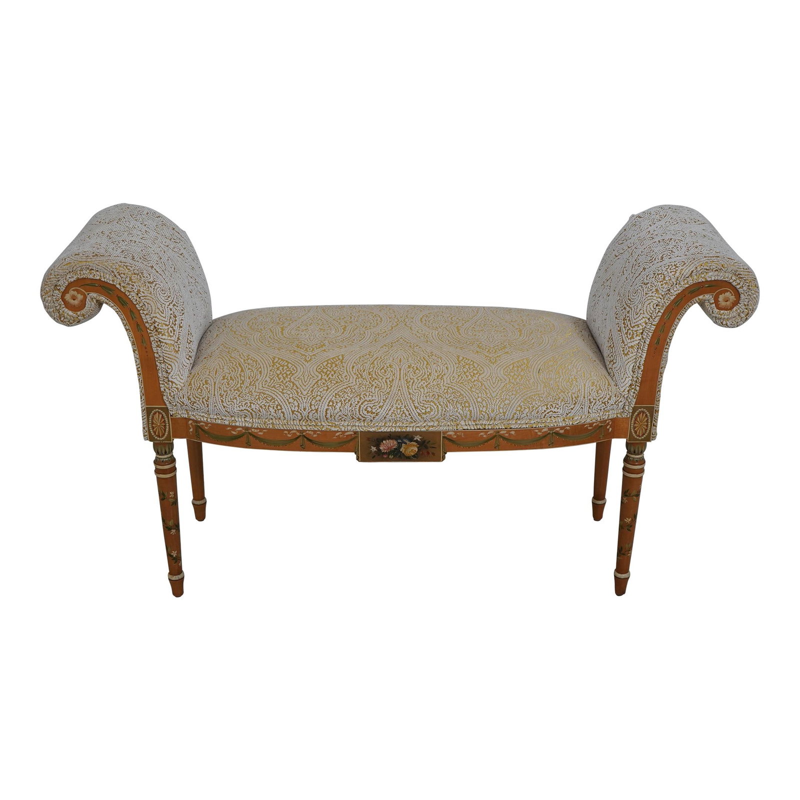 Elegant English Adams Style Upholstered Bench with Gold Accents: Elegant English Adams Style Upholstered Bench with Gold Accents This exquisite Adams Style upholstered bench showcases a stunning paint-decorated finish and quality construction. Crafted approximately