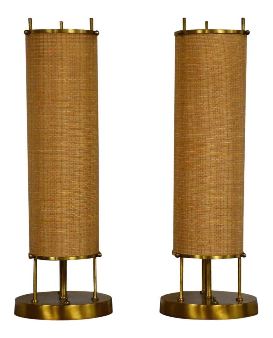Mid Century Modern Brass Table Lamps Pair by Paul McCobb: Mid Century Modern Brass Table Lamps Pair by Paul McCobb This exquisite pair of mid-century modern brass table lamps hails from the 1950s and features original shades, adding a touch of vintage charm 