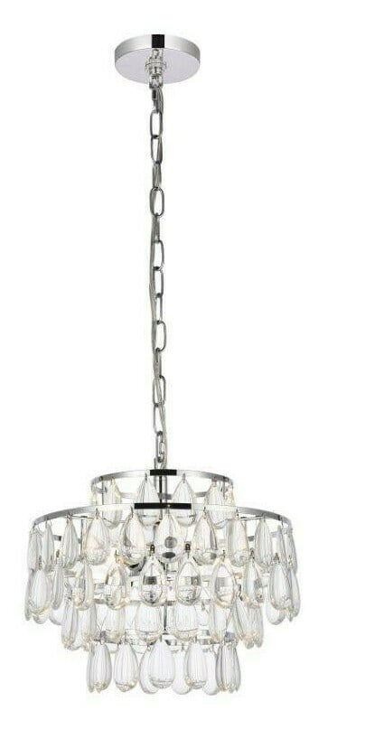 Living District Mila 3-Light Crystal Pendant Chandelier Chrome 14 inch: Living District Mila 3-Light Crystal Pendant Chandelier Chrome 14 inch This modern pendant chandelier features elegant crystal teardrop accents and a polished chrome or silver finish, creating a sophi