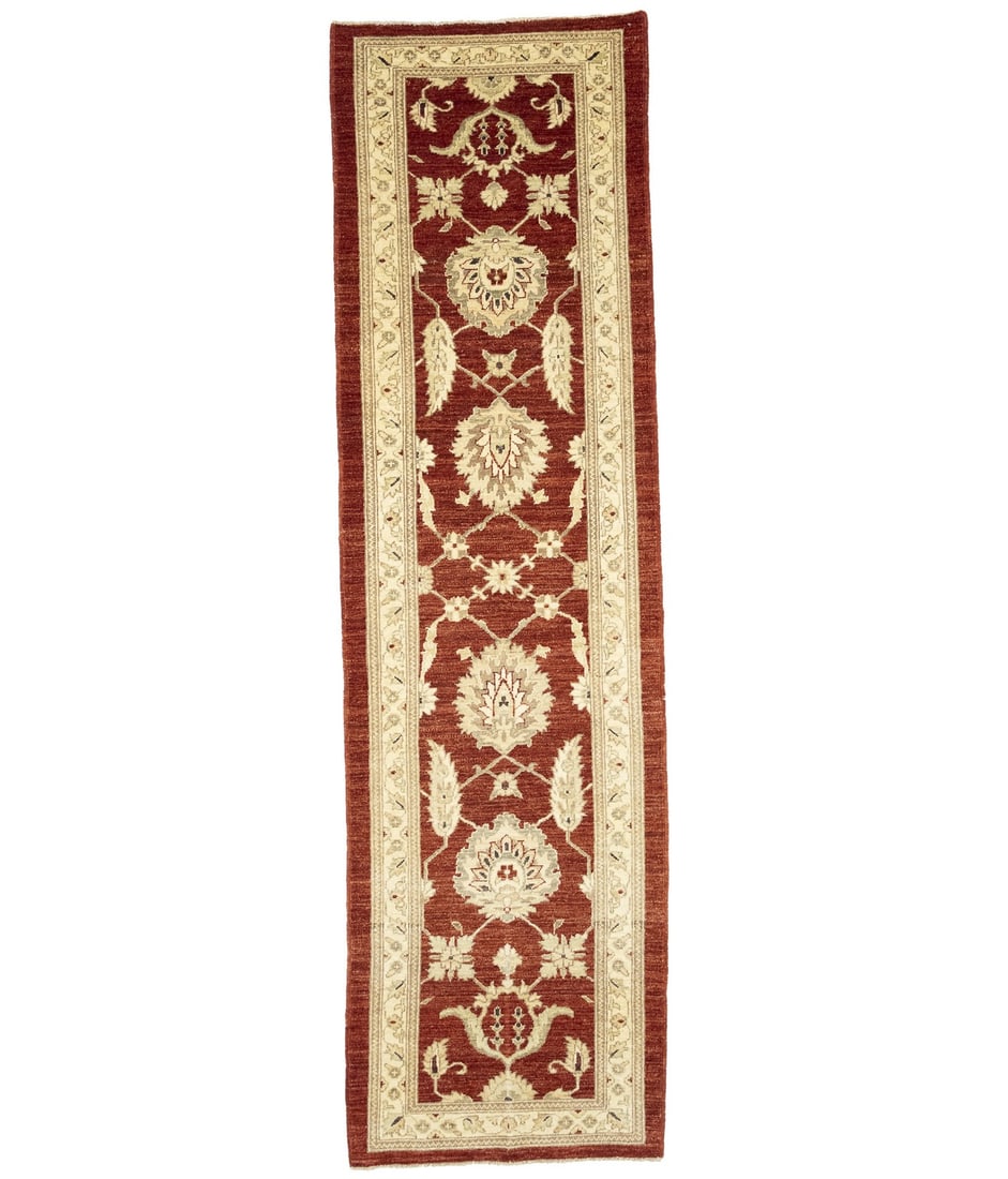 Hand-knotted wool Peshawar floral runner rug 2 ft 8 in x 9 ft 4 in: Hand-knotted wool Peshawar floral runner rug 2 ft 8 in x 9 ft 4 in This is a handspun wool Peshawar Oriental runner rug featuring a floral design in scarlet red, cream, beige, and brown tones. The rug