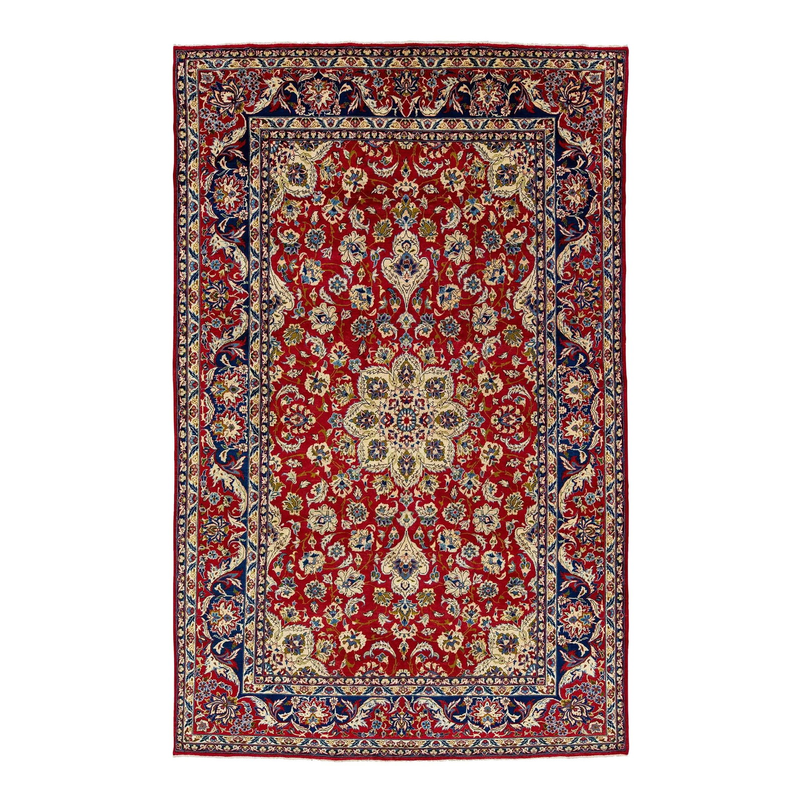 Vintage Persian Kashan Handmade Wool Rug 7'11 x 12'6 Rosette Motif: Vintage Persian Kashan Handmade Wool Rug 7'11 x 12'6 Rosette Motif This exquisite vintage Persian Kashan handmade wool rug features a stunning rosette motif in a vibrant red color with multicolor acce