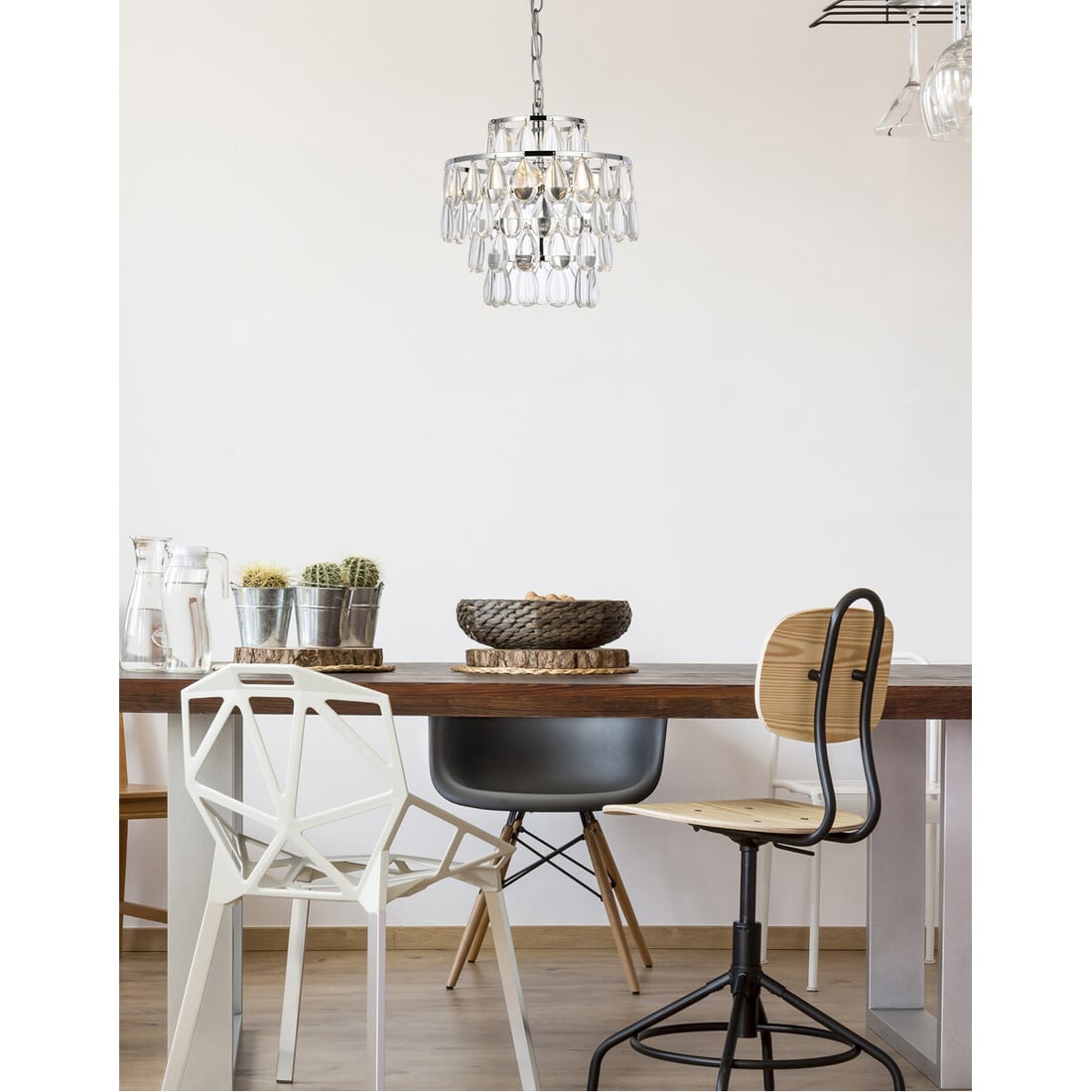 Living District Mila 3-Light Chrome Crystal Pendant 12 inch: Living District Mila 3-Light Chrome Crystal Pendant 12 inch This modern chrome pendant chandelier features three lights with high-quality glass or crystal drops, offering an elegant lighting solution 