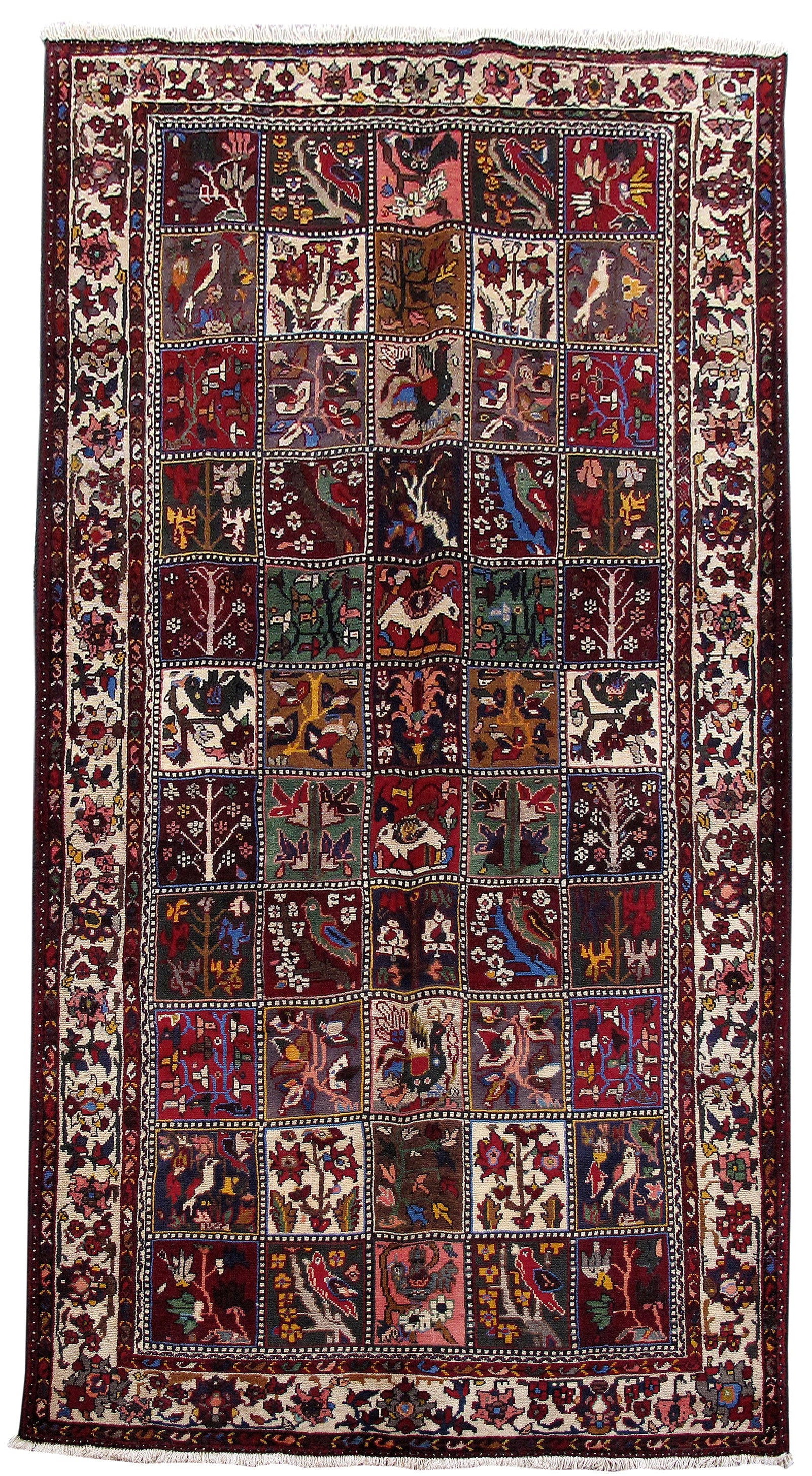 Handwoven 5'4 x 9'9 Wine Red Persian Bakhtiari Rug: Handwoven 5'4 x 9'9 Wine Red Persian Bakhtiari Rug Free continental US Shipping Introducing the exquisite 5.4 x 9.9 Wine Red Persian Bakhtiari Rug, a stunning handwoven piece crafted by skilled Persia
