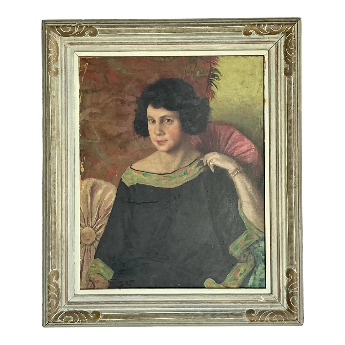 1925 Oil Portrait Painting of Lady in Ornate Gold and White Frame: 1925 Oil Portrait Painting of Lady in Ornate Gold and White Frame This original 1925 Regency-style oil portrait features a distinguished lady rendered with classic brushwork and a rich color palette. 