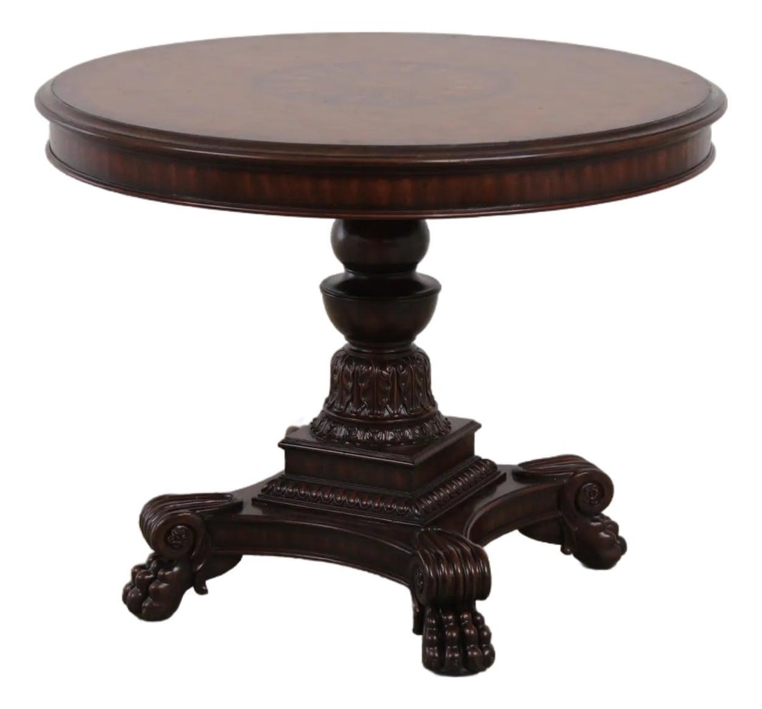 Maitland Smith Mahogany Inlaid Round Center Table 42 Inch: Maitland Smith Mahogany Inlaid Round Center Table 42 Inch This Maitland Smith round center table features a 42-inch diameter inlaid mahogany top, showcasing quality craftsmanship with a finely detaile