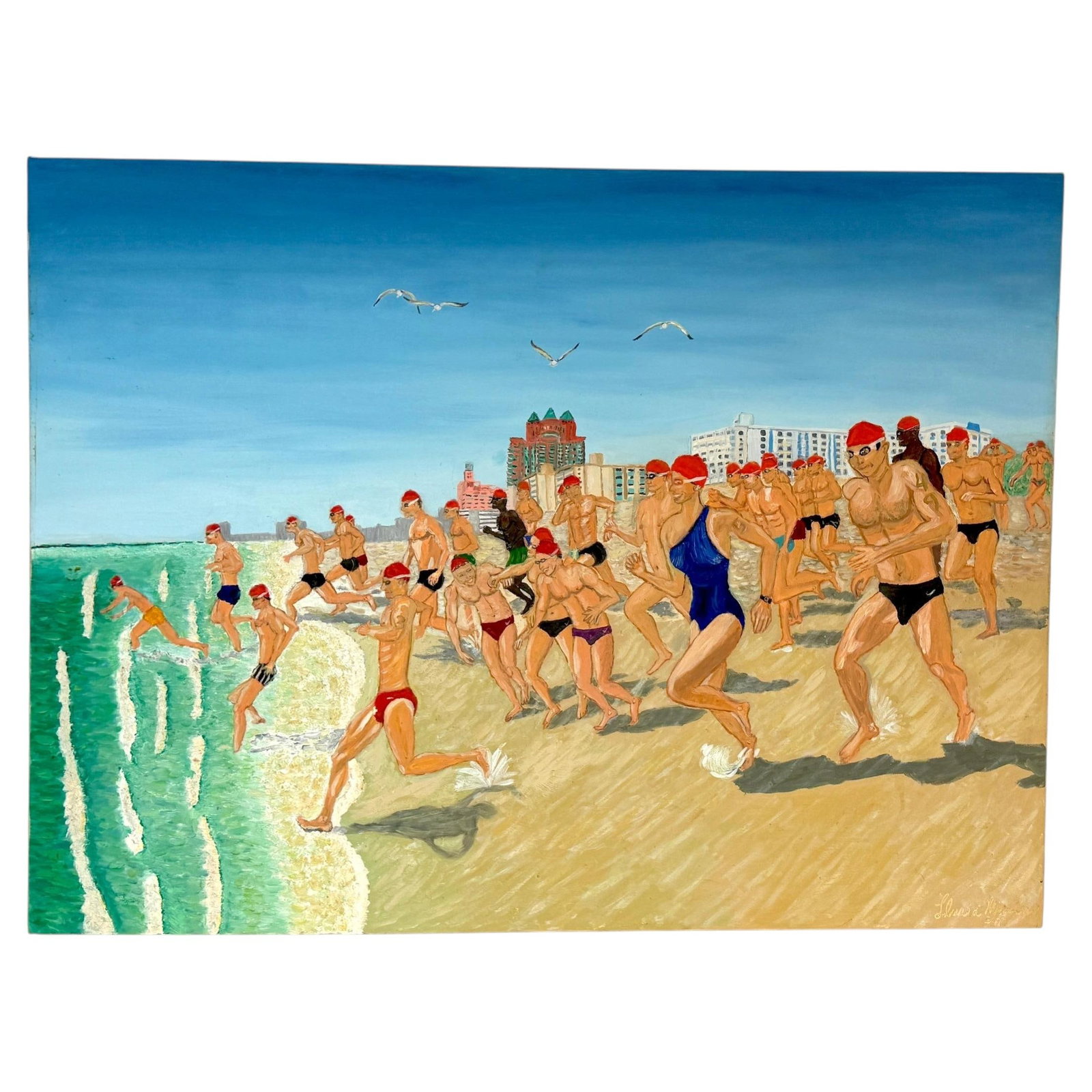 Eduardo Lluria Miralles 1998 Miami Beach Figurative Oil on Canvas: Eduardo Lluria Miralles 1998 Miami Beach Figurative Oil on Canvas "Swim for Life, Miami Beach" is a figurative oil painting by Eduardo Lluria Miralles, created in 1998. This large-scale artwork vividl