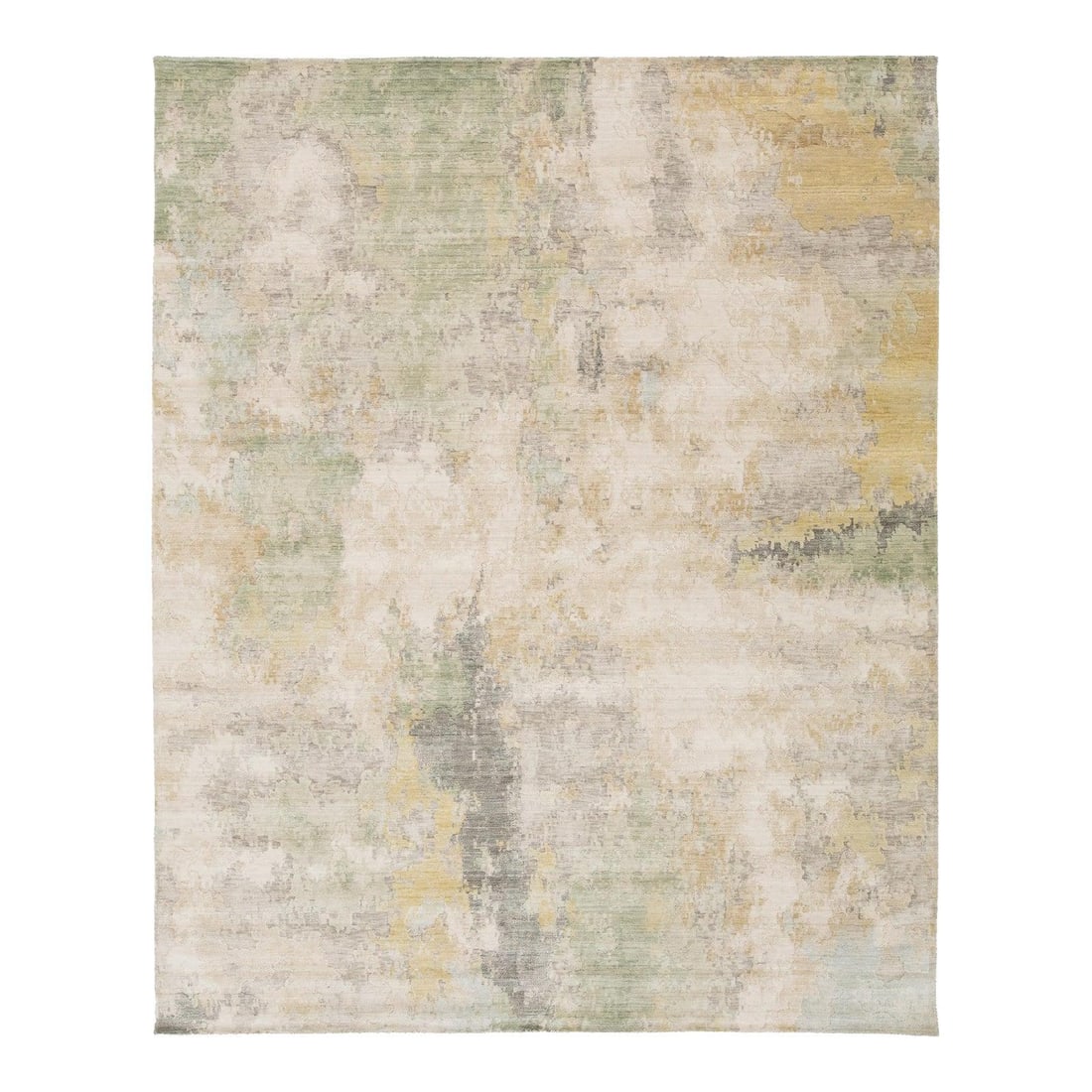 8' x 10' Abstract Sage Gold Ivory Wool Nylon Rug: 8' x 10' Abstract Sage Gold Ivory Wool Nylon Rug Enhance your living space with this modern abstract area rug, showcasing a fluid, watercolor-inspired pattern in sage green, muted gold, charcoal gray,