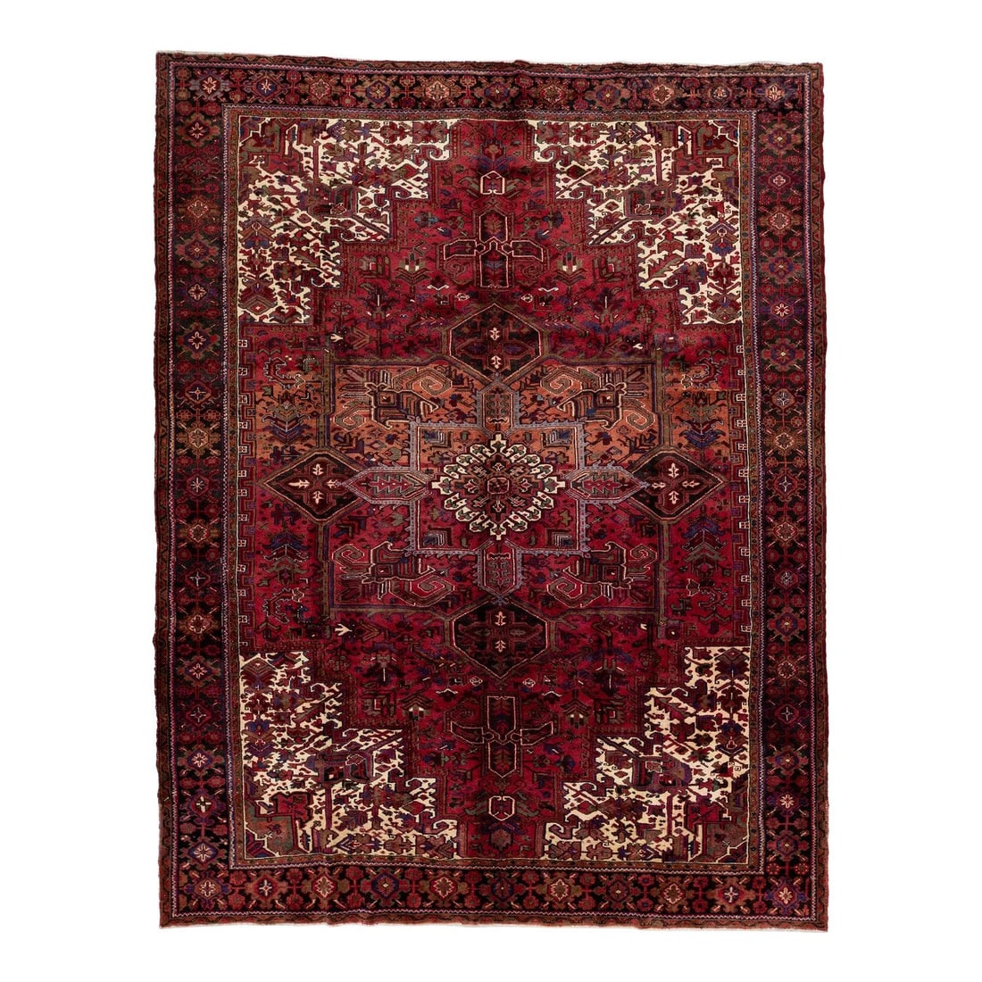 Vintage Persian Heriz Wool Rug Red Medallion 9'11 x 12'9: Vintage Persian Heriz Wool Rug Red Medallion 9'11 x 12'9 Enhance your space with this exquisite Vintage Persian Heriz Wool Rug, showcasing a vibrant red field intricately detailed with a medallion des