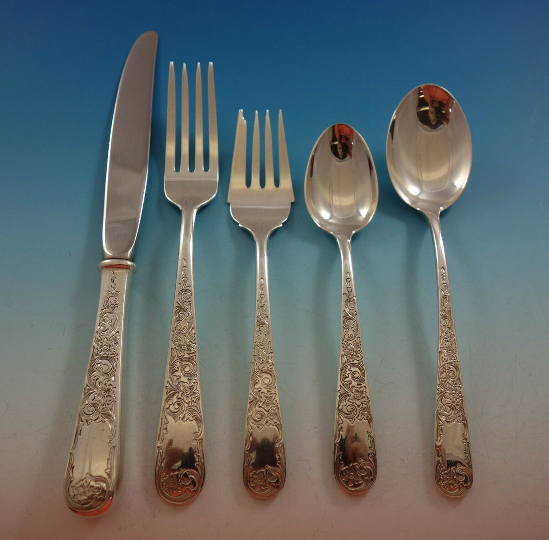 44 Piece Kirk Old Maryland Engraved Sterling Silver Flatware Service for 8: 44 Piece Kirk Old Maryland Engraved Sterling Silver Flatware Service for 8 This is an Old Maryland Engraved sterling silver flatware set by Kirk, made in the United States and dating to the post-1940 
