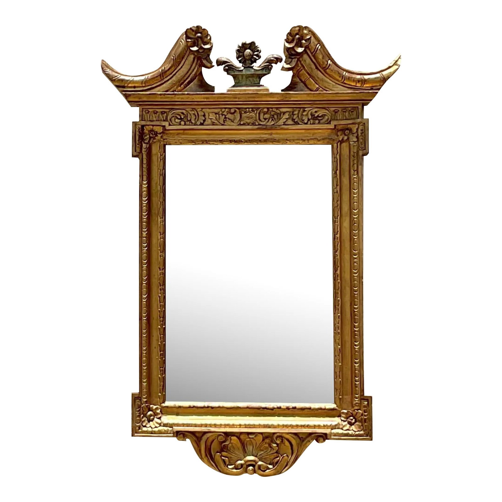 Regal Vintage Regency Gilt Pediment Mirror 35 x 53 Gold Frame: Regal Vintage Regency Gilt Pediment Mirror 35 x 53 Gold Frame Enhance your interior with the Vintage Regency Gilt Pediment Mirror, a stunning piece that embodies classic American design. Its opulent g