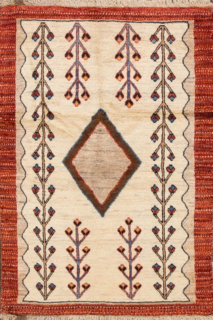 Vintage Persian Gabbeh Rug 3'3 x 4'7 Wool Geometric Design: Vintage Persian Gabbeh Rug 3'3 x 4'7 Wool Geometric Design Add a touch of elegance to your space with this Mid-20th Century Vintage Persian Gabbeh Rug. This hand-knotted rug showcases a stunning geome