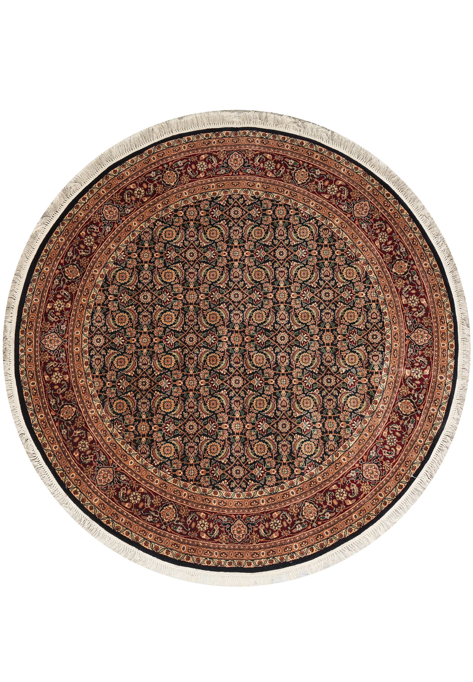 6 x 6 Round Hand Knotted Wool Silk Mahi Herati Tabriz Rug: 6 x 6 Round Hand Knotted Wool Silk Mahi Herati Tabriz Rug Free continental US Shipping This handmade round area rug features the Mahi Herati Tabriz pattern in a deep burgundy palette with intricate go