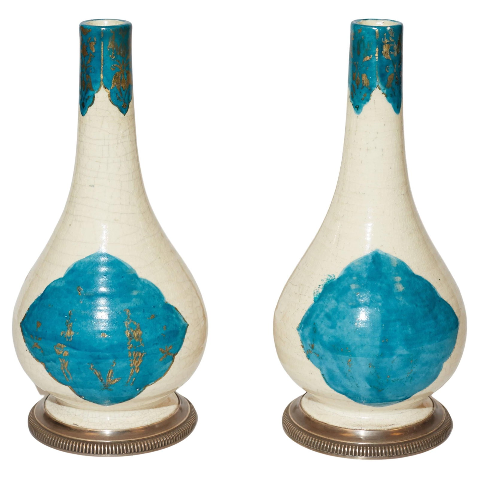 Set of Two Safavid Style Pottery Vases with Sterling Silver Mounts by Puiforcat: Set of Two Safavid Style Pottery Vases with Sterling Silver Mounts by Puiforcat This is a pair of antique Persian-style ceramic bottle vases featuring teal blue lobe cartouches and parcel gilt decorat