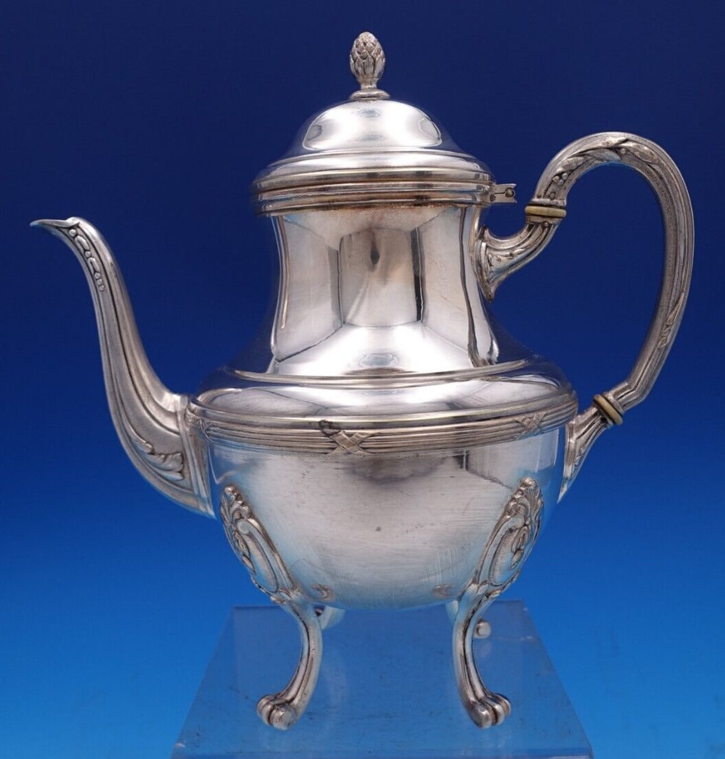 Christofle Rubans Silverplate Tea Pot 8.5" Tall Vintage: Christofle Rubans Silverplate Tea Pot 8.5" Tall Vintage Introducing the exquisite Rubans tea pot by Christofle, crafted from high-quality silverplate. This elegant piece stands at 8 1/2" tall and meas
