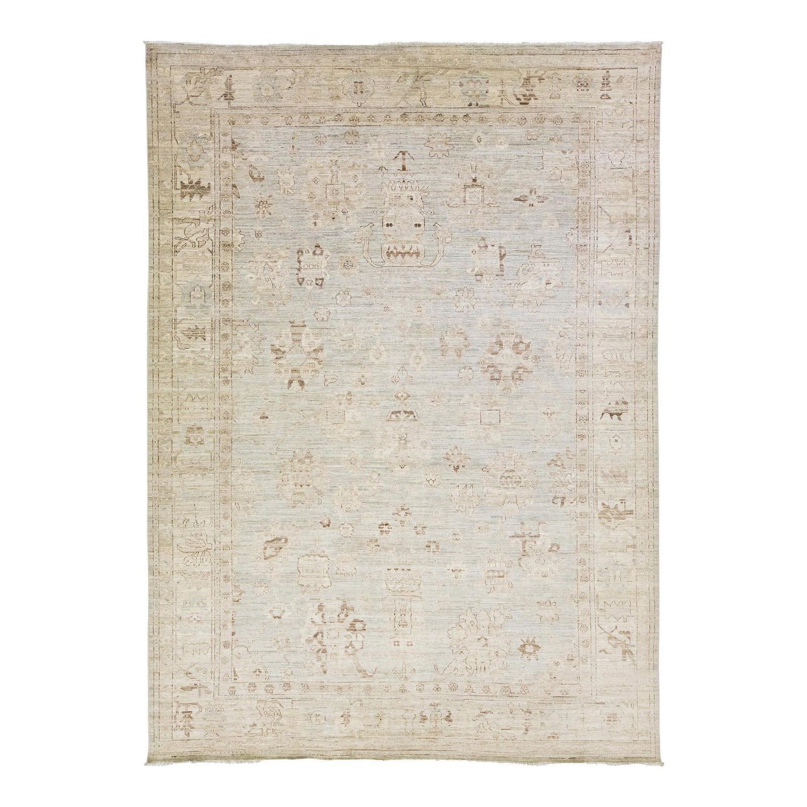 Elegant Gray Floral Oushak Wool Rug 9'10 x 13'9: Elegant Gray Floral Oushak Wool Rug 9'10 x 13'9 This exquisite modern Oushak hand-knotted wool rug features a stunning gray color field complemented by beige and brown accents in a captivating all-ove