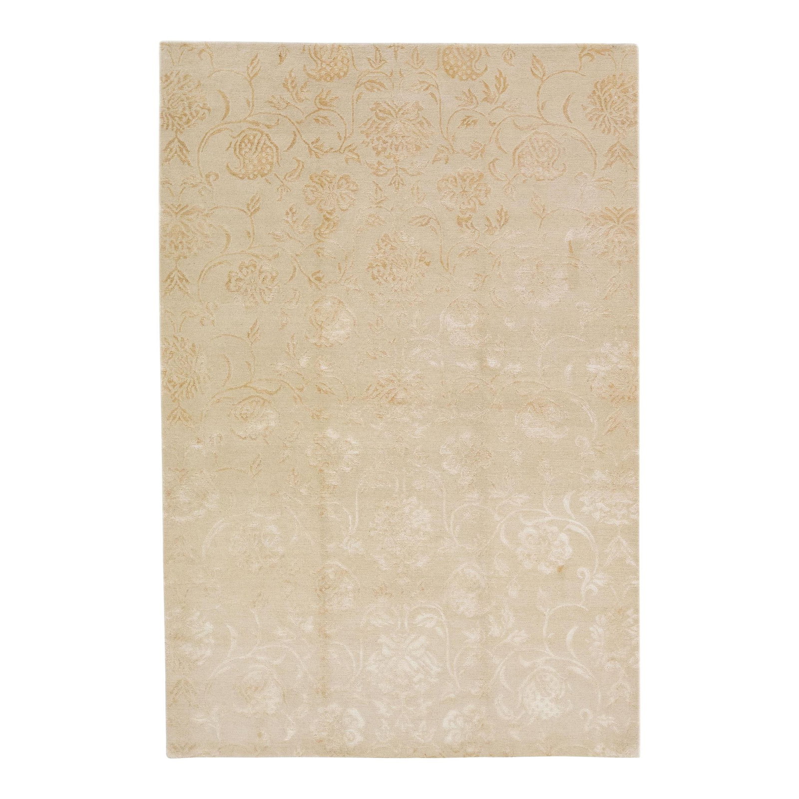 Handmade Beige Wool Silk Rug 6' x 9'1" Floral Design: Handmade Beige Wool Silk Rug 6' x 9'1" Floral Design This exquisite 2010s handmade rug is crafted from a luxurious blend of premium wool and silk, showcasing a contemporary floral design with intricat