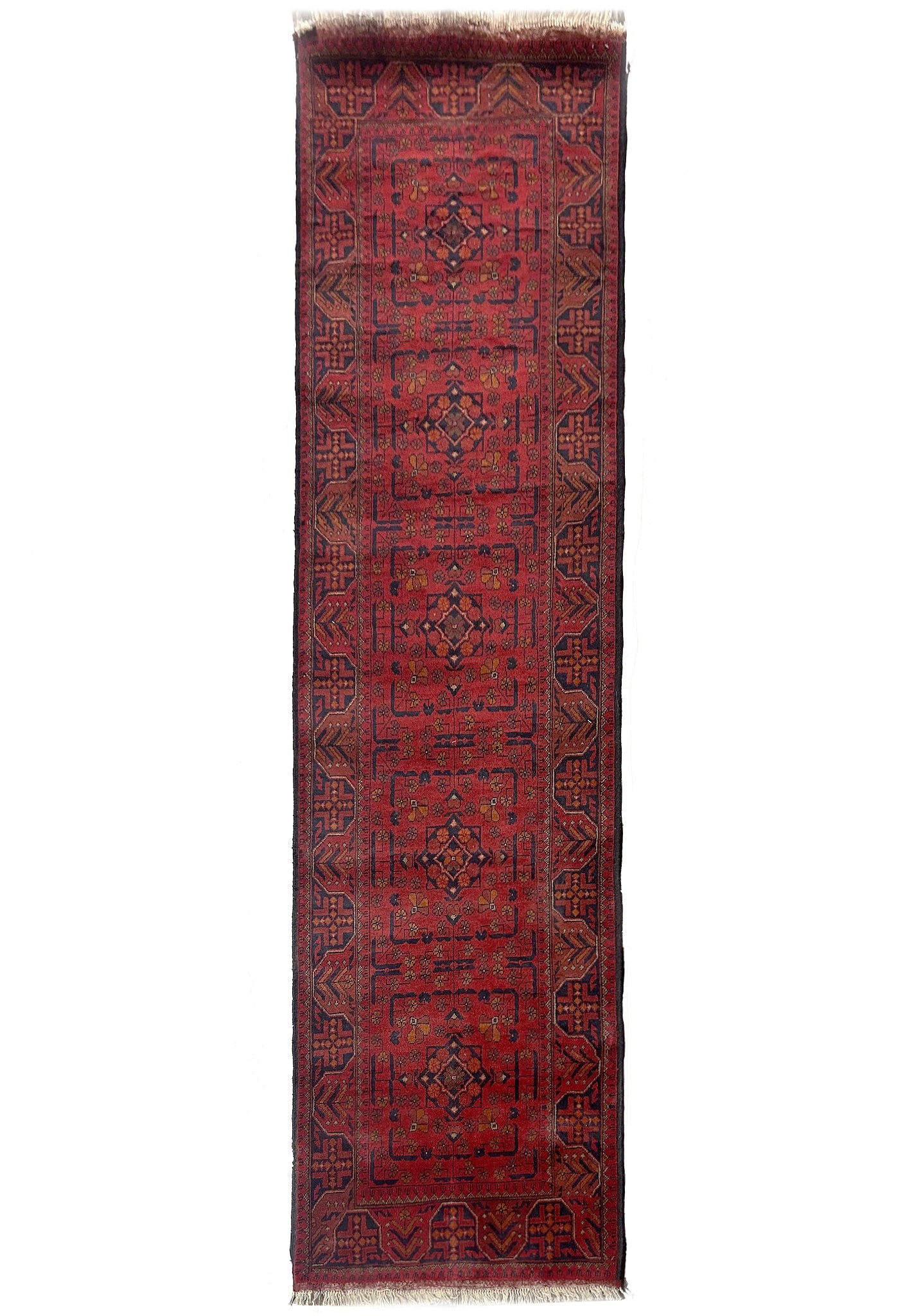 Hand Knotted Afghan Wool Runner Rug 2.7 x 9 Tribal Geometric Design: Hand Knotted Afghan Wool Runner Rug 2.7 x 9 Tribal Geometric Design Free continental US Shipping This hand-knotted Afghan runner is crafted from high-quality wool, offering both durability and artistr