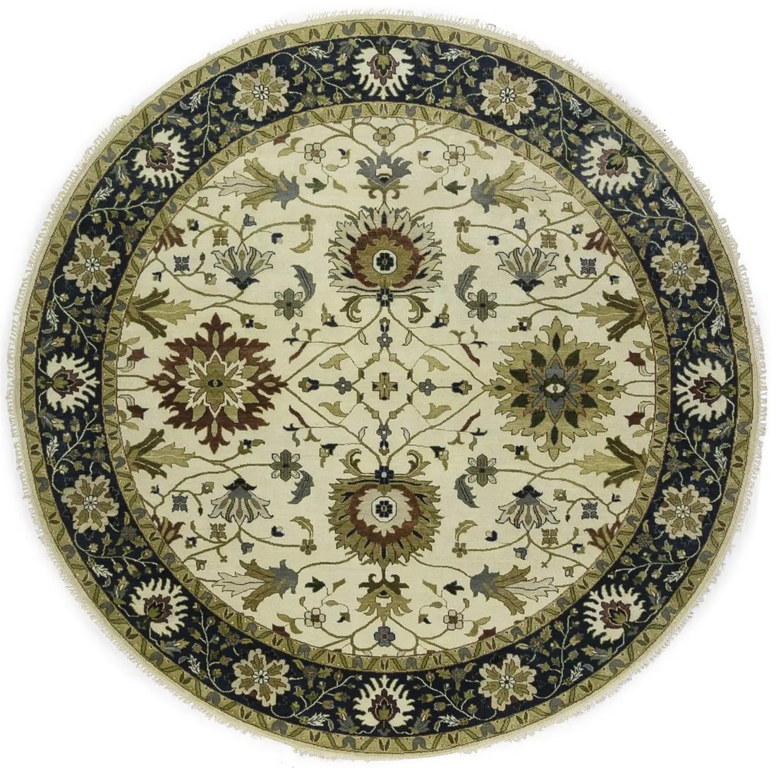 Hand-Knotted Cream Round Peshawar Rug Floral Design 9'9 x 10'0: Hand-Knotted Cream Round Peshawar Rug Floral Design 9'9 x 10'0 Elevate your home decor with this exquisite Cream Round Peshawar Rug, featuring an Osh Chobi style floral design. This hand-knotted area 