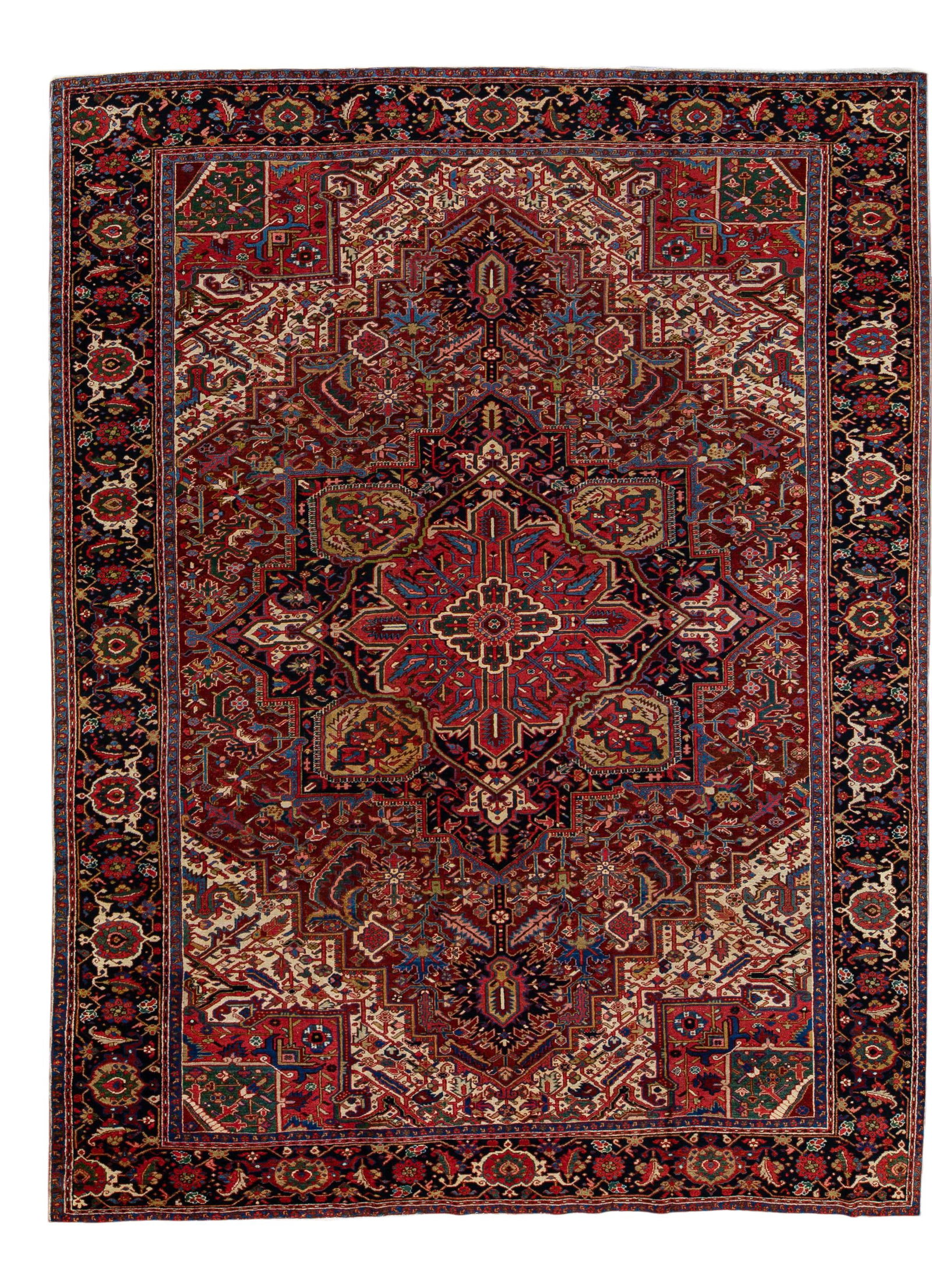 Antique Heriz Persian 11' x 14' Hand-Knotted Red Wool Rug: Antique Heriz Persian 11' x 14' Hand-Knotted Red Wool Rug This stunning antique Heriz Persian rug showcases exquisite hand-knotting and a rich red field. Framed by a striking navy-blue border, the rug