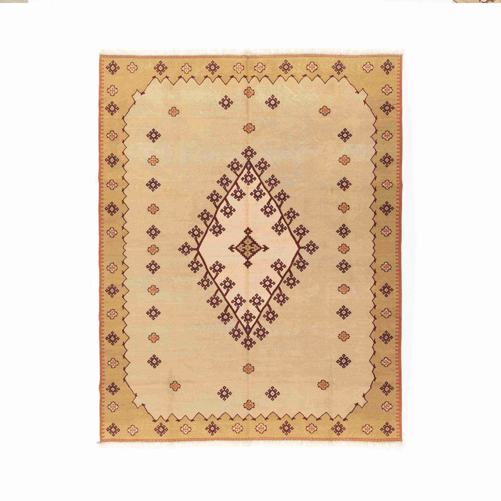 Authentic Denizli Handmade Wool Kilim 99.6 x 131.1 Inches: Authentic Denizli Handmade Wool Kilim 99.6 x 131.1 Inches This Authentic Handmade Denizli Wool Kilim is meticulously crafted using high-quality wool on a wool base, showcasing the rich tradition of Tu