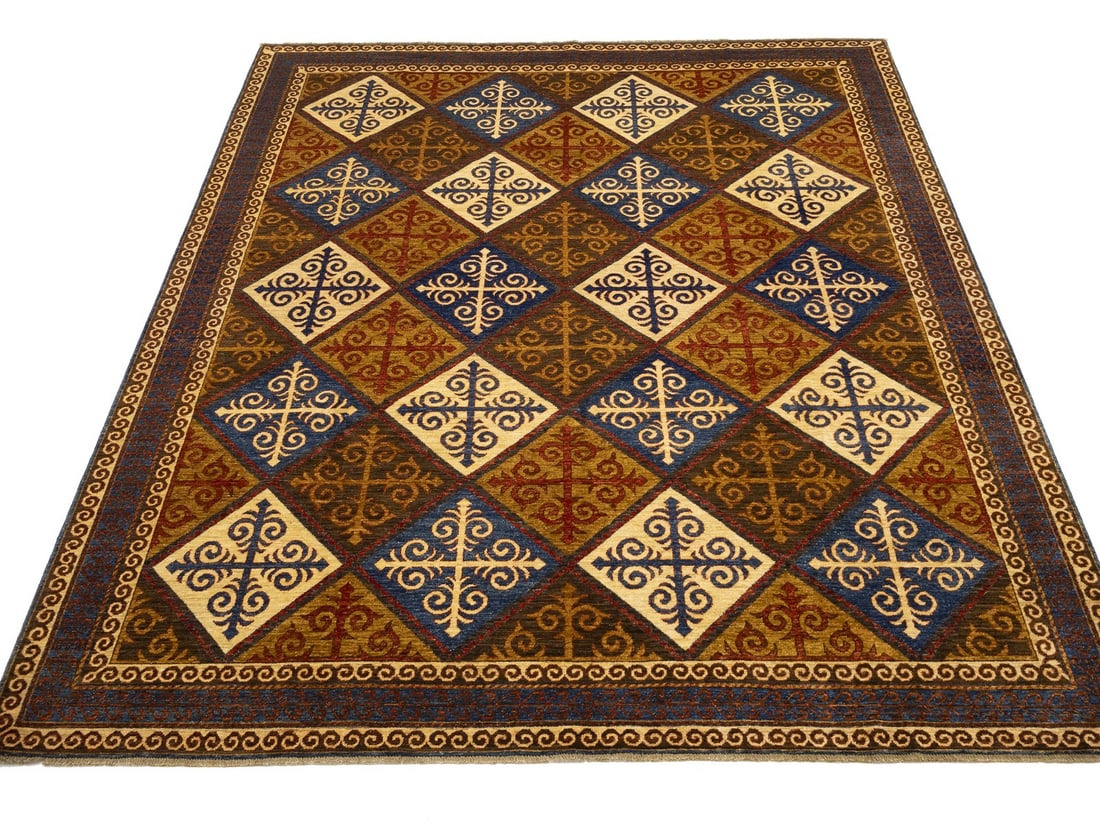 Hand-Knotted 8'5 x 9'8 Multicolored Tribal Geometric Afghan Rug: Hand-Knotted 8'5 x 9'8 Multicolored Tribal Geometric Afghan Rug Enhance your living space with this exquisite multicolored Afghan oriental rug, featuring an intricate geometric tribal design. Measurin