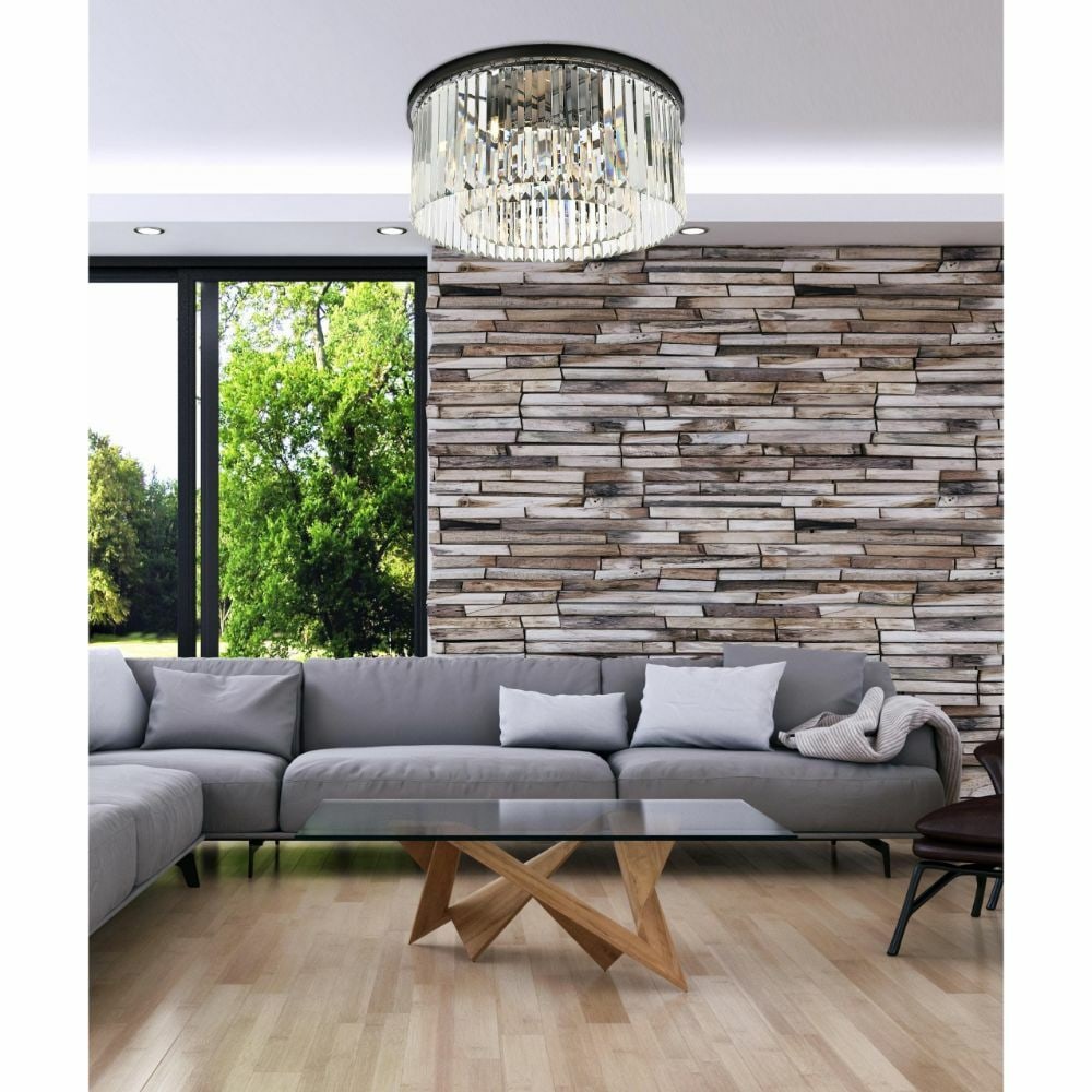 Sydney 8-Light Matte Black Crystal Flush Mount Chandelier: Sydney 8-Light Matte Black Crystal Flush Mount Chandelier This contemporary flush mount chandelier features a matte black frame paired with high-quality, clear royal cut crystals for a modern and eleg