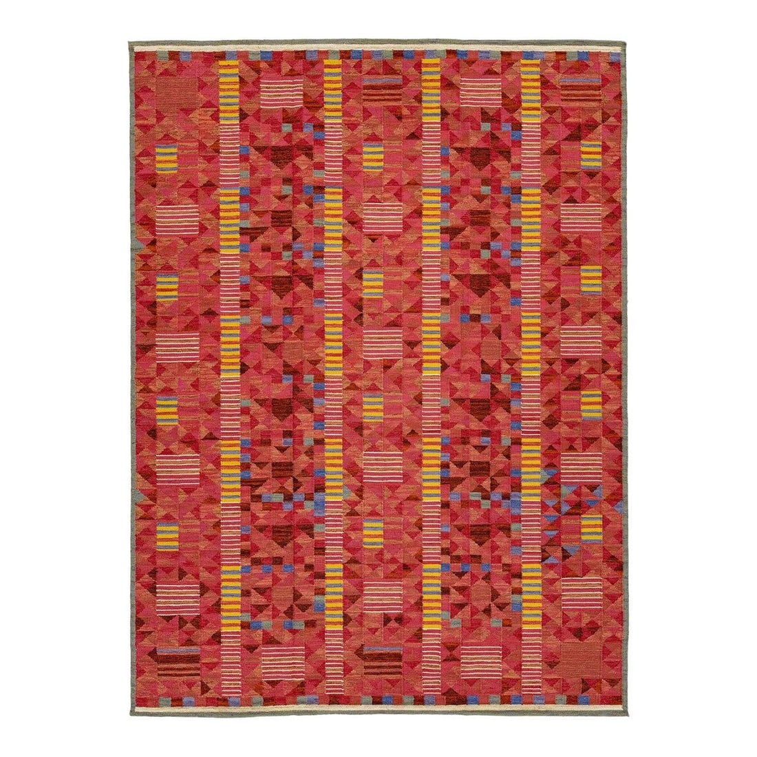 10'4" x 14' Swedish Style Wool Kilim Rug with Geometric Pattern: 10'4" x 14' Swedish Style Wool Kilim Rug with Geometric Pattern This handwoven Swedish-style flatweave rug features a geometric kilim design with triangles, mosaic-like squares, vertical stripes, and 