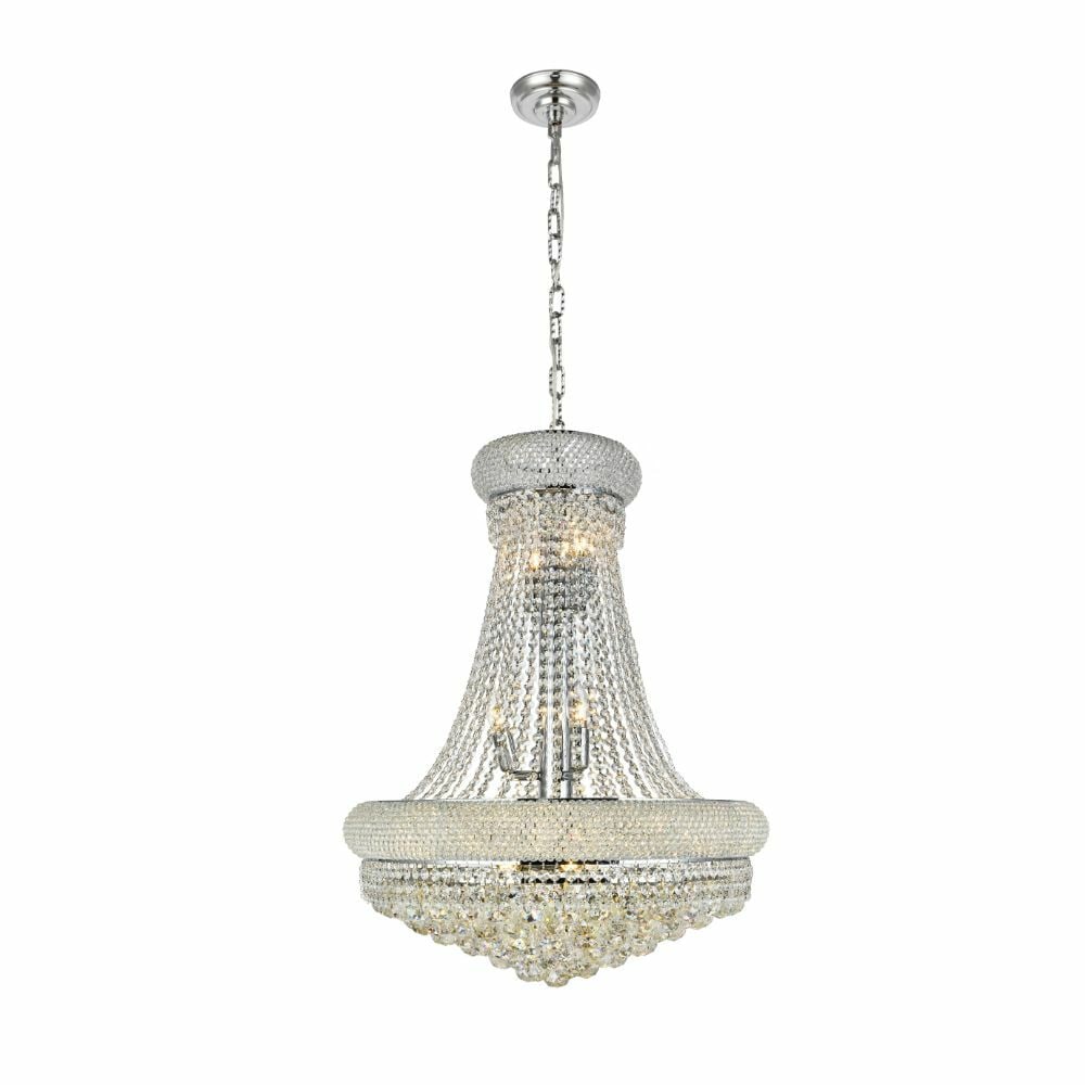 Primo 14 Light Chrome Crystal Chandelier 24in x 32in: Primo 14 Light Chrome Crystal Chandelier 24in x 32in Modern chrome chandelier with a large frame and Royal Cut crystals, designed for indoor use. It features 14 lights, an empire-style shade shape, an