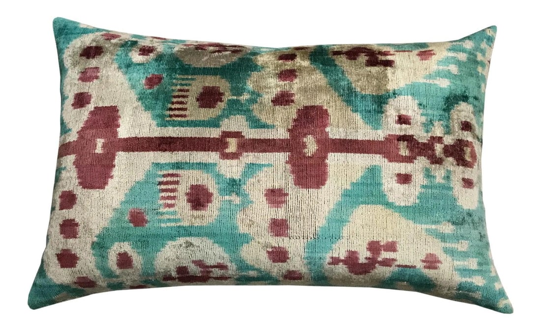 Turquoise Silk Ikat Velvet Decorative Pillow With Linen Back 16x24: Turquoise Silk Ikat Velvet Decorative Pillow With Linen Back 16x24 This handcrafted pillow cushion features a Silk Uzbek Ikat velvet front with a natural linen backing and a hidden zipper for a seamle