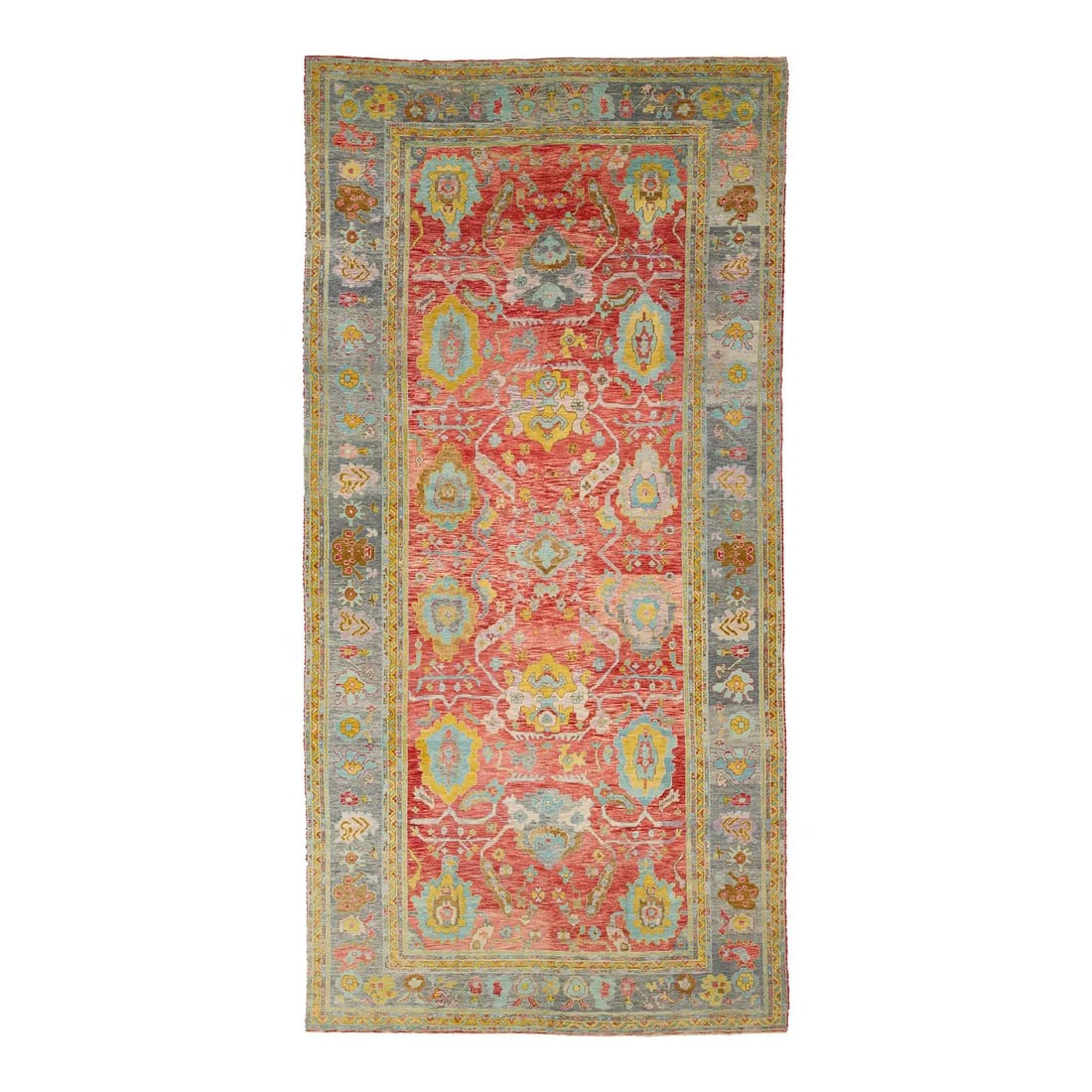 12x25 Modern Oushak Red Wool Turkish Rug Hand-Knotted Oversized: 12x25 Modern Oushak Red Wool Turkish Rug Hand-Knotted Oversized This oversized modern Turkish Oushak rug is hand-knotted from lustrous wool and features a vivid red field with intricate geometric-flor