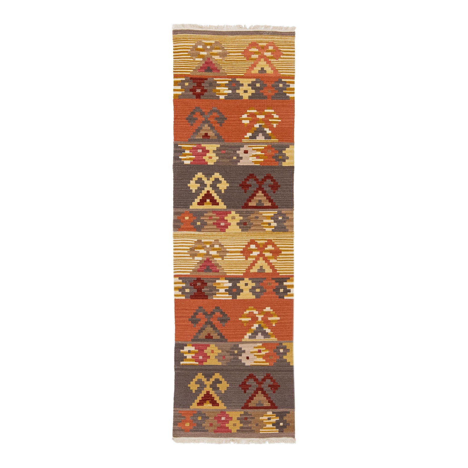 Modern Kilim Handmade Wool Runner Multicolor Geometric 2 x 6'8: Modern Kilim Handmade Wool Runner Multicolor Geometric 2 x 6'8 Enhance your space with this stunning Modern Kilim handmade wool runner, showcasing a vibrant array of multicolor accents set against a s