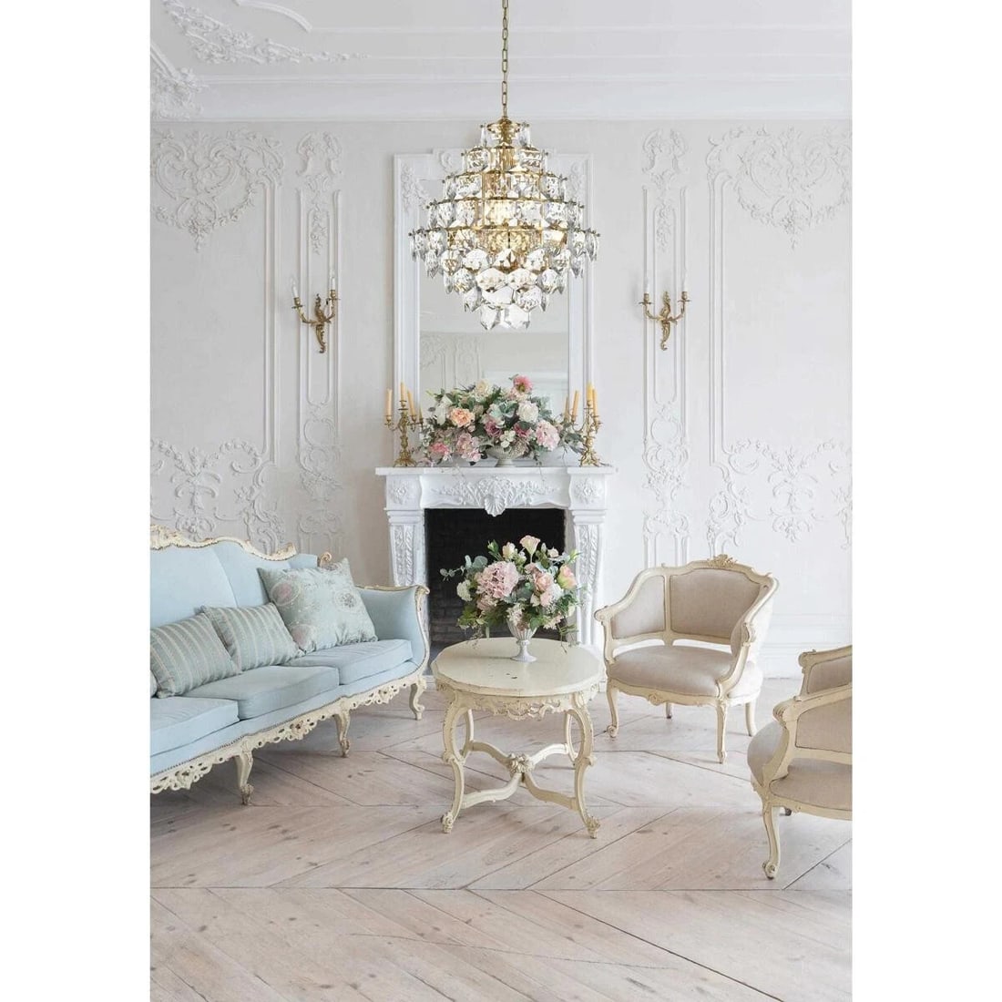 Adaline 15 Light Crystal Chandelier Satin Gold 24 in: Adaline 15 Light Crystal Chandelier Satin Gold 24 in Modern crystal chandelier light fixture with a satin gold finish and clear Royal Cut crystals. It features 15 lights, a round shade shape, and an a