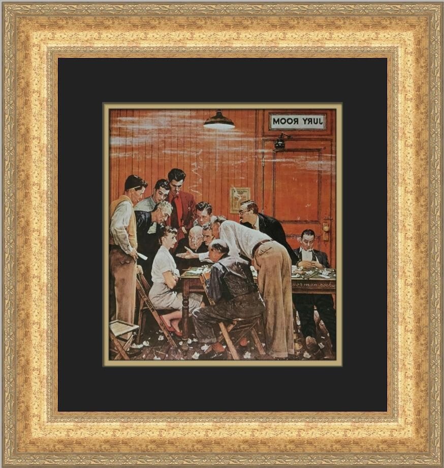 Norman Rockwell The Jury Custom Framed Offset Lithograph Print: Norman Rockwell The Jury Custom Framed Offset Lithograph Print This custom framed print titled 'The Jury' by renowned artist Norman Rockwell showcases a captivating scene that reflects the essence of 