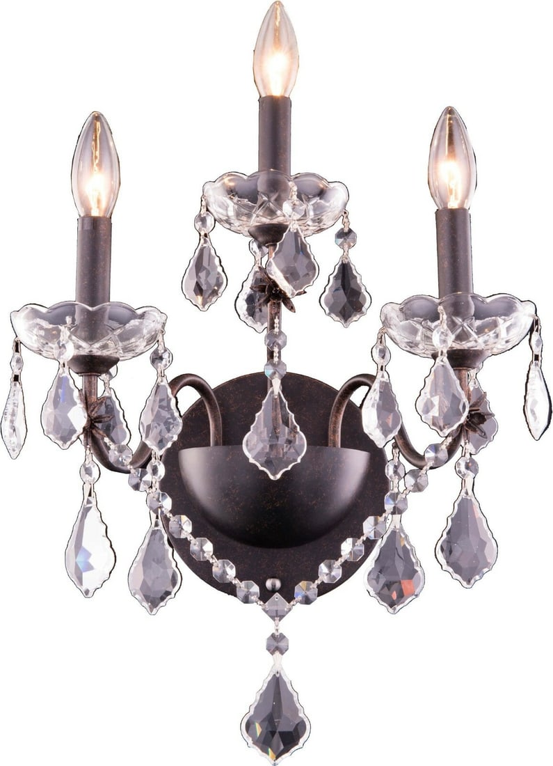 St Francis 3 Light Dark Bronze Crystal Wall Sconce 17 Inch: St Francis 3 Light Dark Bronze Crystal Wall Sconce 17 Inch This contemporary wall sconce features a dark bronze finish paired with beautiful clear glass and French pendant crystals, creating a sophist