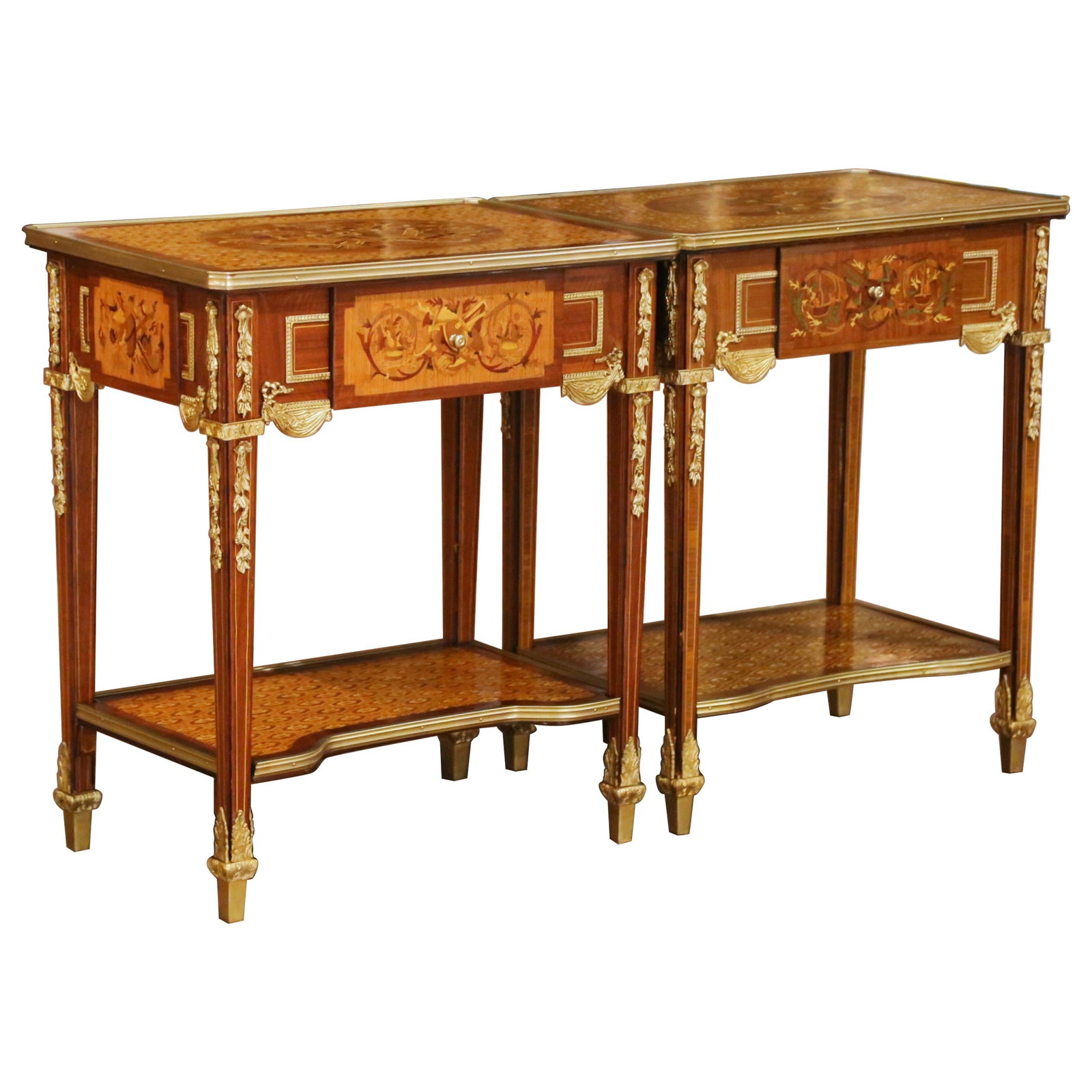 Set of 2 French Louis XVI style marquetry ormolu end tables (1 of 17)