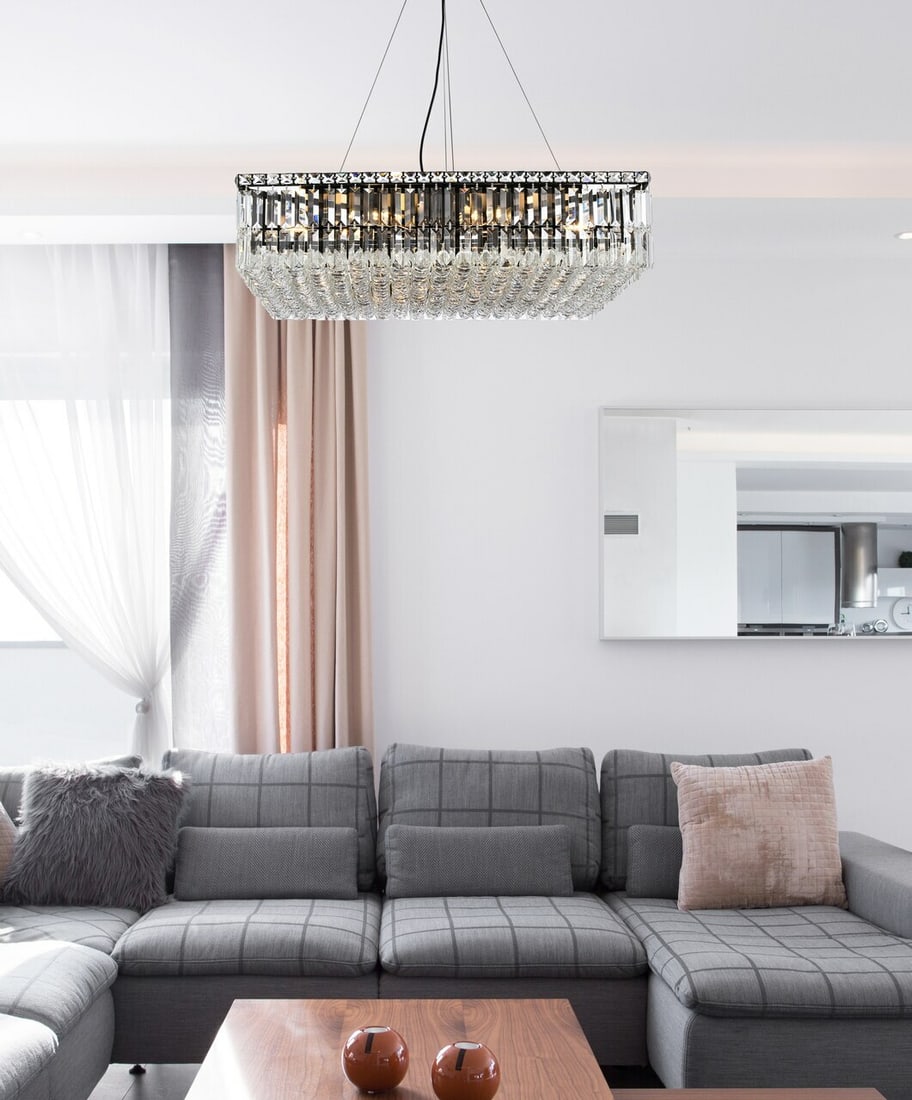 MAXIME 12 Light Crystal Chandelier Black Silver 32 in: MAXIME 12 Light Crystal Chandelier Black Silver 32 in Modern crystal chandelier with 12 lights and a black and silver finish. It is hardwired, height-adjustable, and designed for indoor use. The fixtu