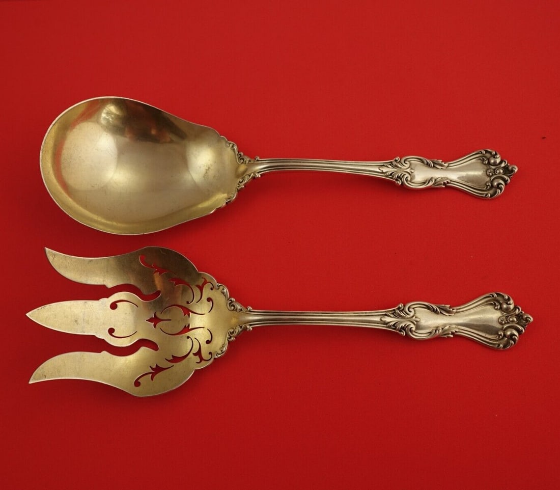 Reed and Barton Marlborough Sterling Silver Salad Serving Set 2-Piece 9 Inch Gold Wash (1 of 3)