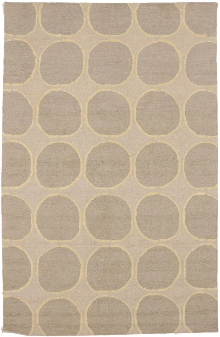 Modern Abstract Wool Rug 5x8 Hand-Tufted Rectangle in Beige and Cream: Modern Abstract Wool Rug 5x8 Hand-Tufted Rectangle in Beige and Cream This rare abstract design area rug features a blend of cream, beige, and pastel yellow tones in a modern pattern. Hand-tufted from