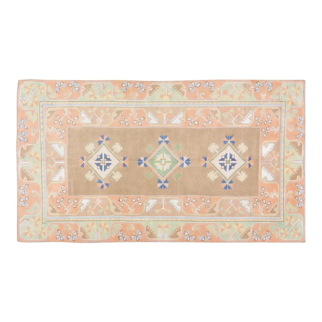 5'2" x 9'8" Turkish Oushak Wool Rug Vintage Hand Knotted Soft Tan: 5'2" x 9'8" Turkish Oushak Wool Rug Vintage Hand Knotted Soft Tan This vintage Turkish Oushak rug from the 1960s is hand knotted with organic wool, featuring natural tan colors and a soft texture. Its