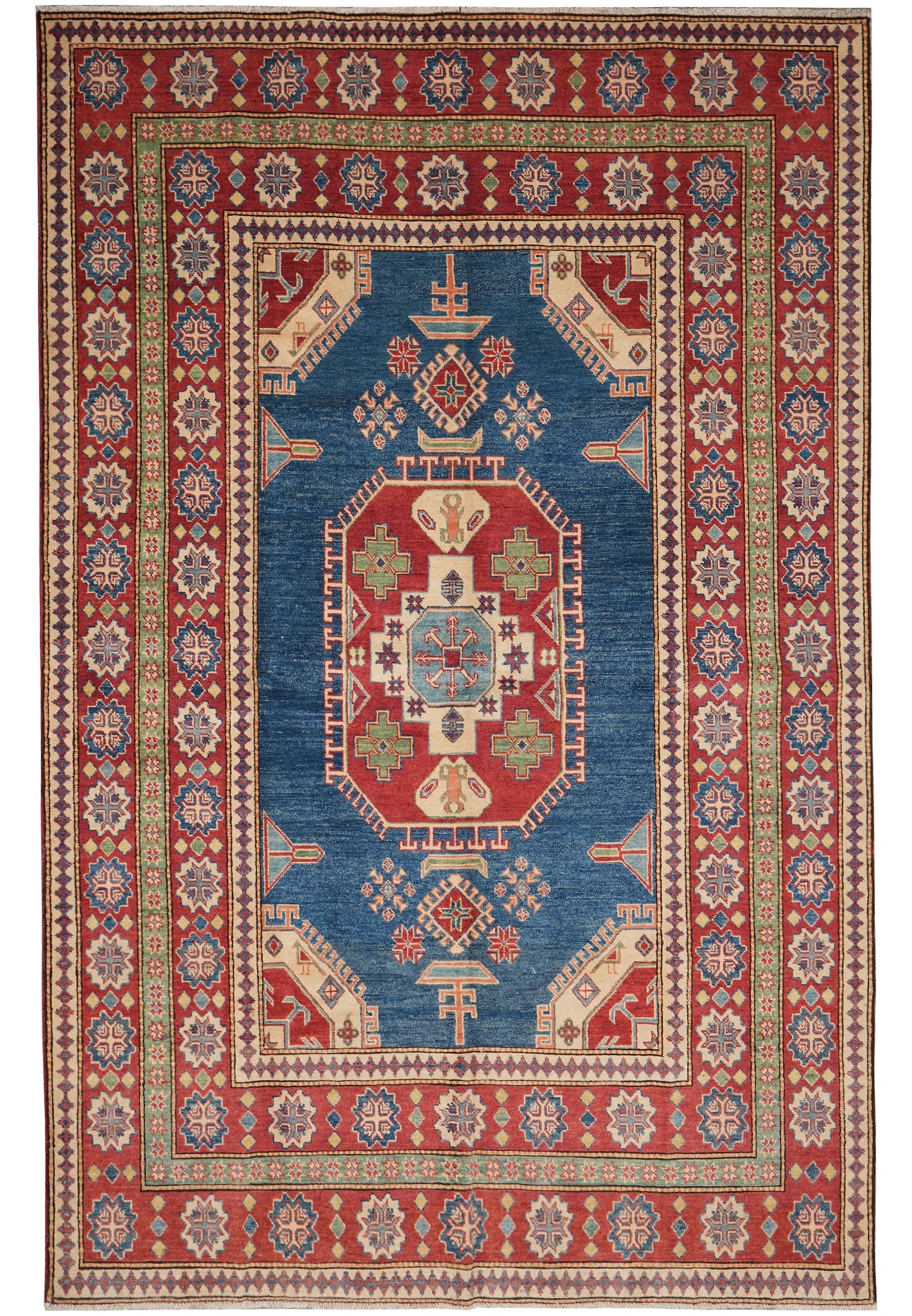 6.8 x 10 Handmade Kazak Rug Vibrant Wool Tribal Geometric Design: 6.8 x 10 Handmade Kazak Rug Vibrant Wool Tribal Geometric Design Free continental US Shipping This handmade Kazak rug features vibrant colors and traditional tribal craftsmanship. Expertly hand-knotte