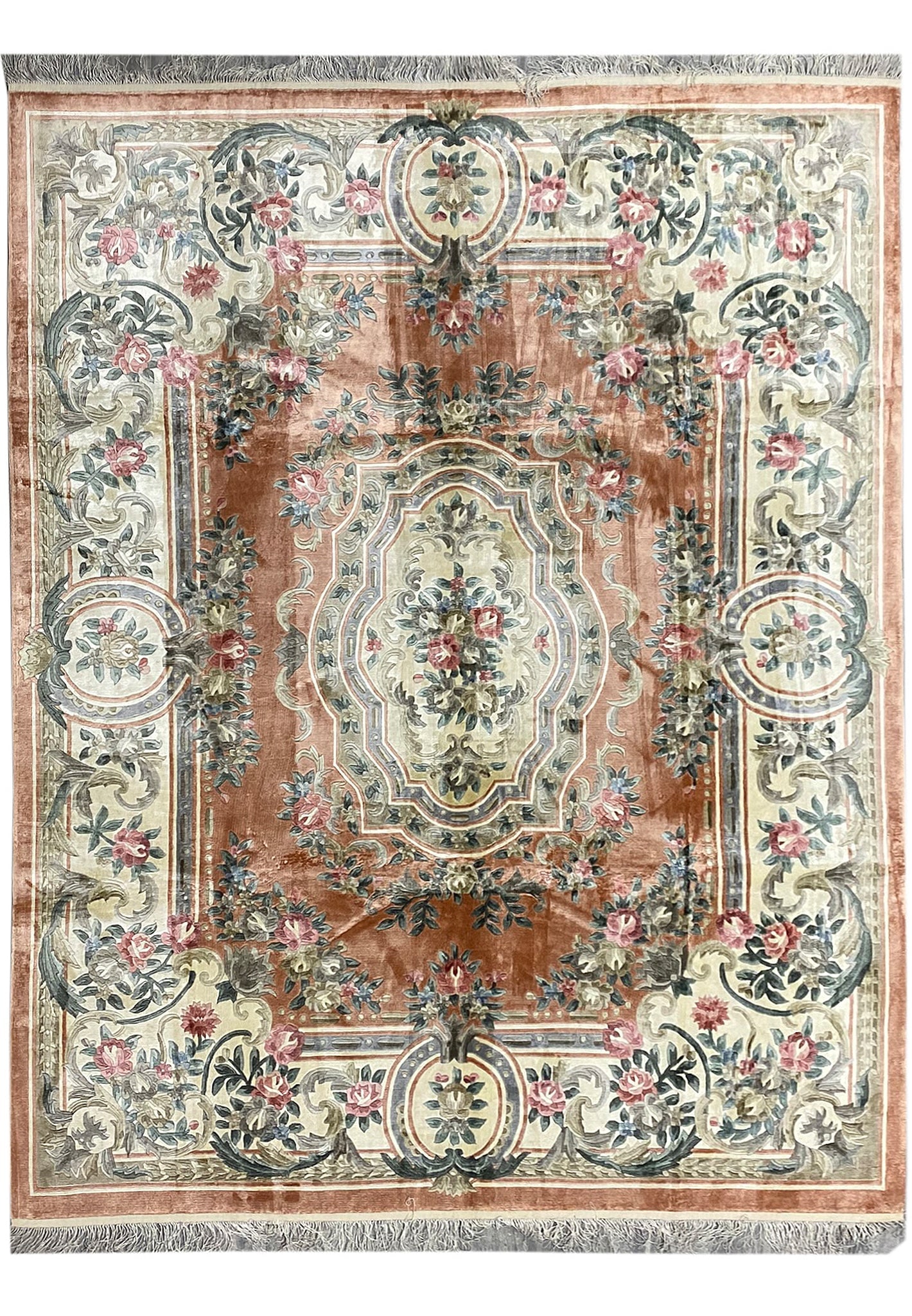 8 x 10 Handmade Aubusson Rug Bamboo Silk Floral Geometric Design: 8 x 10 Handmade Aubusson Rug Bamboo Silk Floral Geometric Design Free continental US Shipping This 8 x 10 foot handmade Aubusson bamboo silk area rug features a blend of traditional Aubusson weaving a