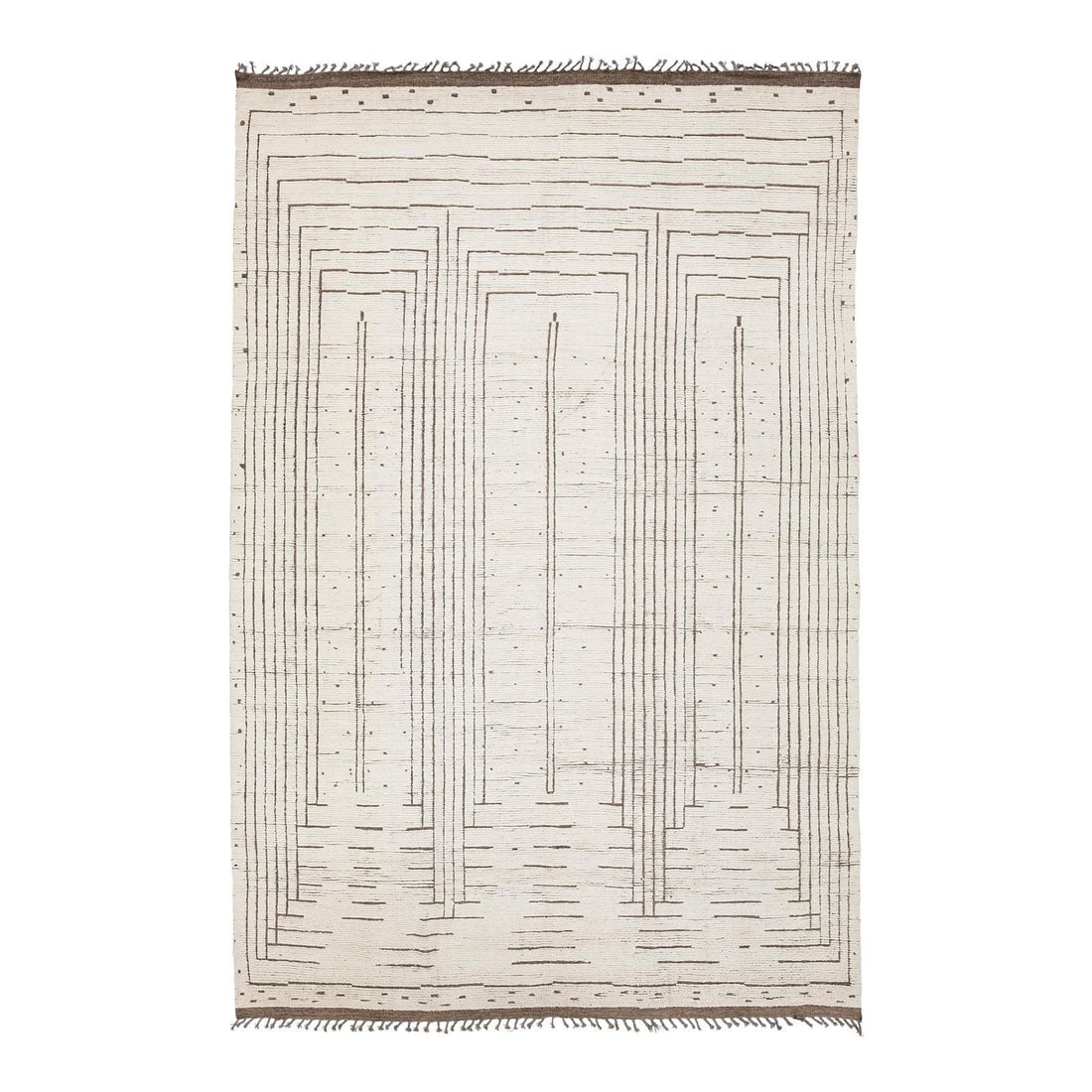 10' x 15'1" Hand Knotted Wool Rug Moroccan Style Ivory: 10' x 15'1" Hand Knotted Wool Rug Moroccan Style Ivory This contemporary Moroccan-style wool rug features a minimalist aesthetic with a hand-knotted construction and a unique triple-niche (Mihrab) mot