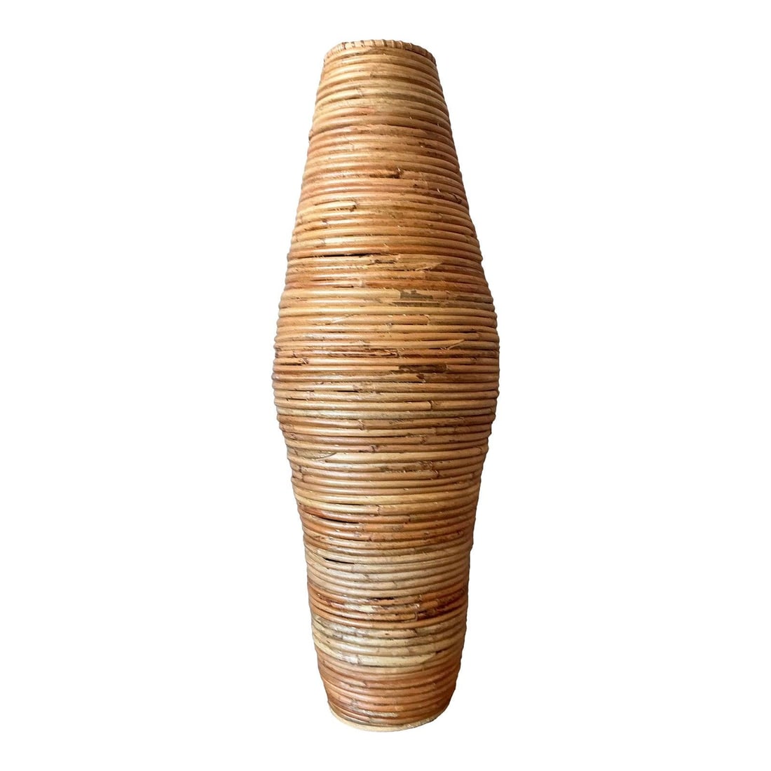 Handcrafted Rattan Pencil Reed Floor Vase Coastal Style 35.5 Inch Tall: Handcrafted Rattan Pencil Reed Floor Vase Coastal Style 35.5 Inch Tall This vintage pencil reed floor vase features handcrafted rattan meticulously arranged in concentric rings, showcasing organic tex