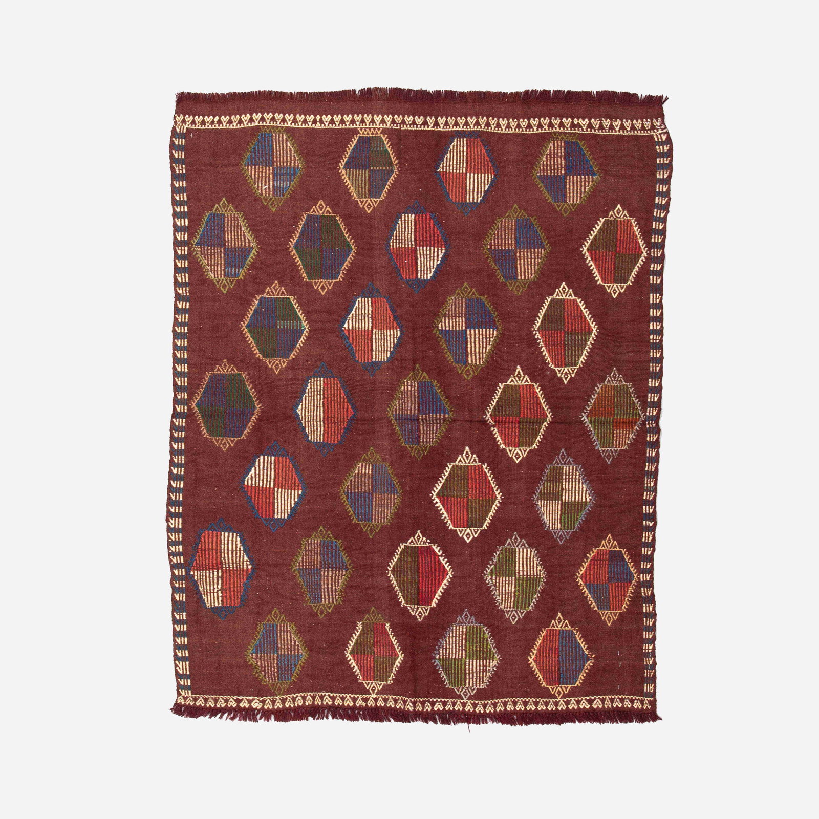 Authentic Handmade Cicim Wool Kilim 48.8 x 61.8 Inches: Authentic Handmade Cicim Wool Kilim 48.8 x 61.8 Inches Experience the unique charm of this Authentic Handmade Cicim Kilim, crafted from high-quality wool on wool. This intricately designed piece showc