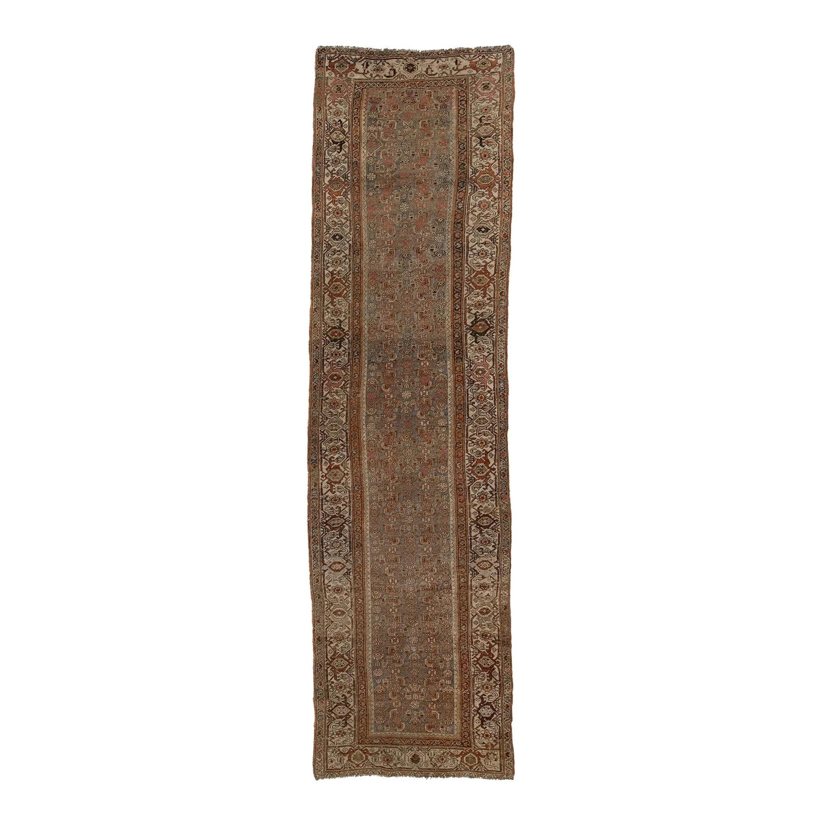 Antique Bidjar Floral Wool Runner 3'5" x 12'5" Gray Rust 1890s: Antique Bidjar Floral Wool Runner 3'5" x 12'5" Gray Rust 1890s Enhance your space with this exquisite Antique Bidjar Handmade Floral Wool Runner, crafted in the 1890s. This Persian wool rug features a