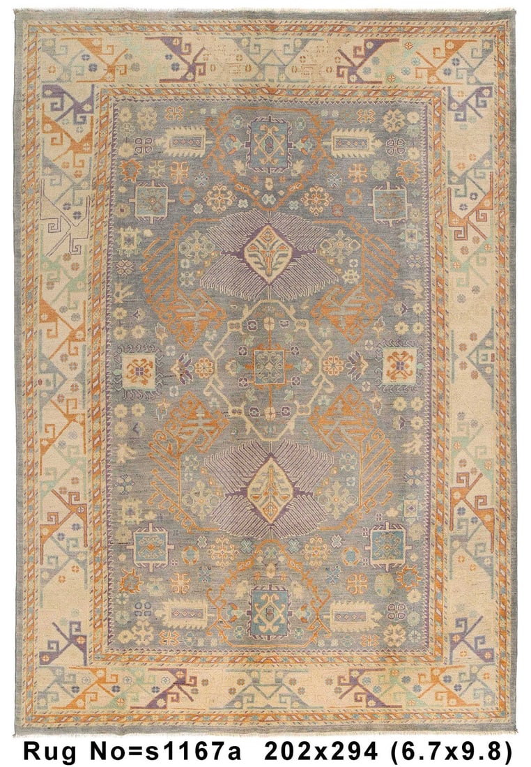 Elegant Gray Handmade Kazak Rug 6.8 x 9.8 ft: Elegant Gray Handmade Kazak Rug 6.8 x 9.8 ft Free continental US Shipping Enhance your living space with this elegant gray Kazak rug, measuring 6.8 x 9.8 feet. Handcrafted with meticulous attention to