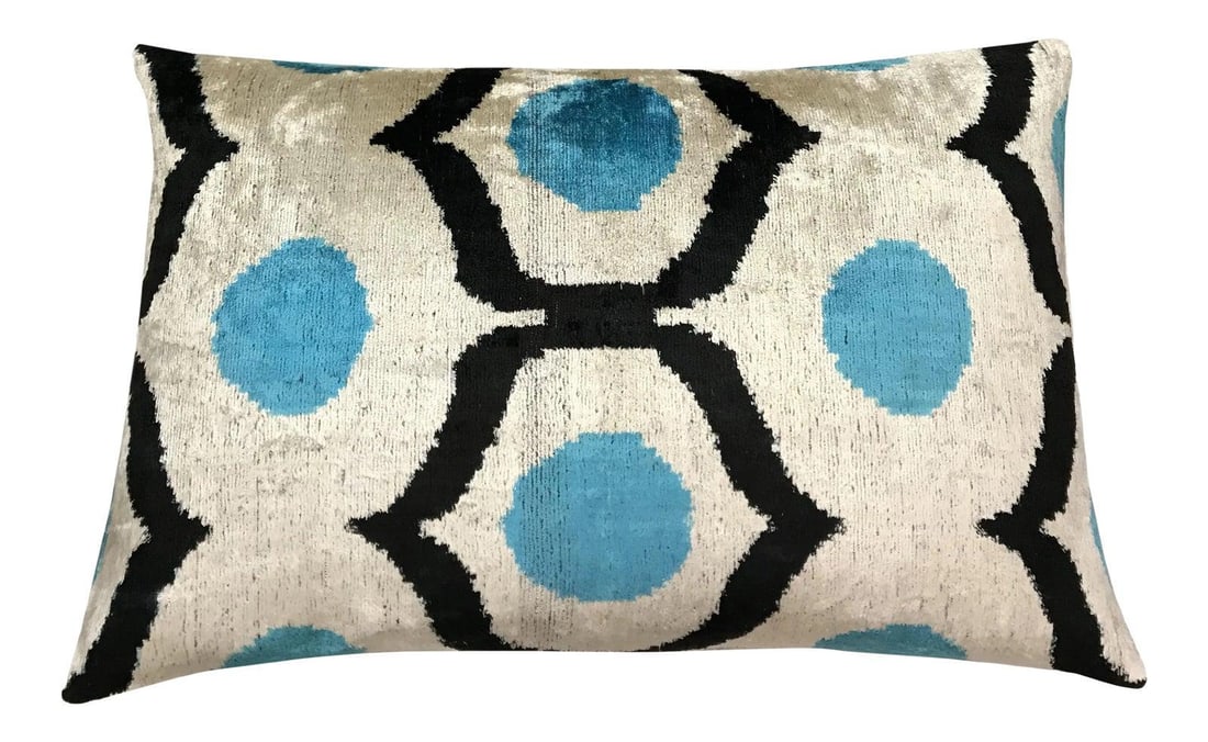 Blue Uzbek Ikat Velvet Pillow 16x24 with Feather Insert: Blue Uzbek Ikat Velvet Pillow 16x24 with Feather Insert This hand-made Silk Uzbek Ikat velvet pillow cushion features a vibrant blue design, complemented by a natural linen backing and a hidden zipper