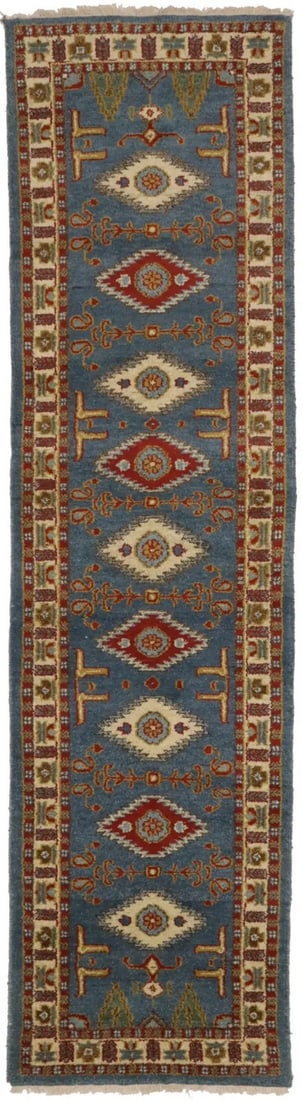Wool Kazak Geometric Runner Rug 2'7 x 9'11 Hand Knotted: Wool Kazak Geometric Runner Rug 2'7 x 9'11 Hand Knotted Elevate your space with this exquisite hand-knotted blue geometric Kazak runner rug, perfect for hallways, kitchens, or bedrooms. Crafted from h