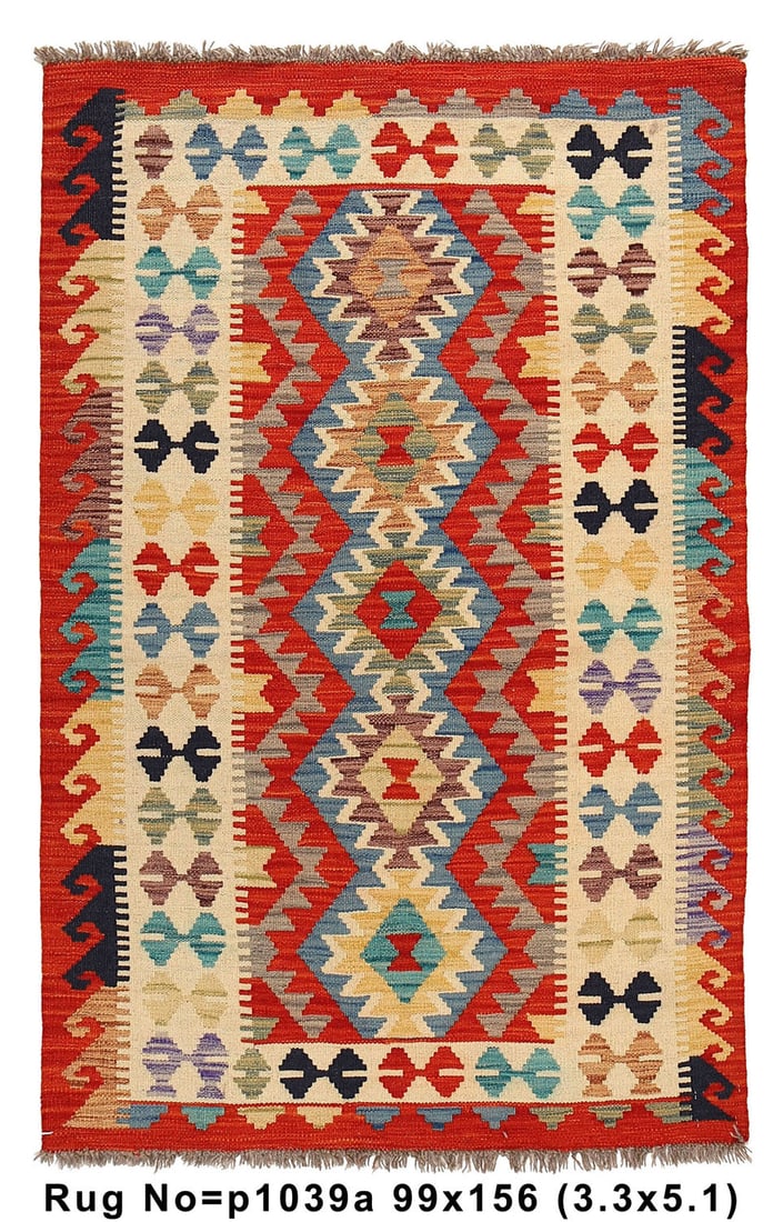 3.3 x 5.1 ft Kilim Handmade Wool Flat Weave Rug Red Multi: 3.3 x 5.1 ft Kilim Handmade Wool Flat Weave Rug Red Multi Free continental US Shipping Discover the timeless charm of this 3.3 x 5.1 Kilim Handmade Wool Flat Weave Rug, a testament to artisanal excell