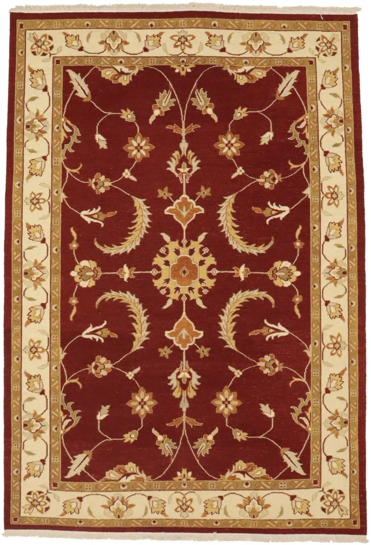 6'7 x 9'6 Wool Floral Sumak Area Rug Handmade in India: 6'7 x 9'6 Wool Floral Sumak Area Rug Handmade in India This hand-knotted Sumak Oriental rug features a floral pattern with a blend of wine red, cream, khaki, and gold tones. Expertly crafted in India 